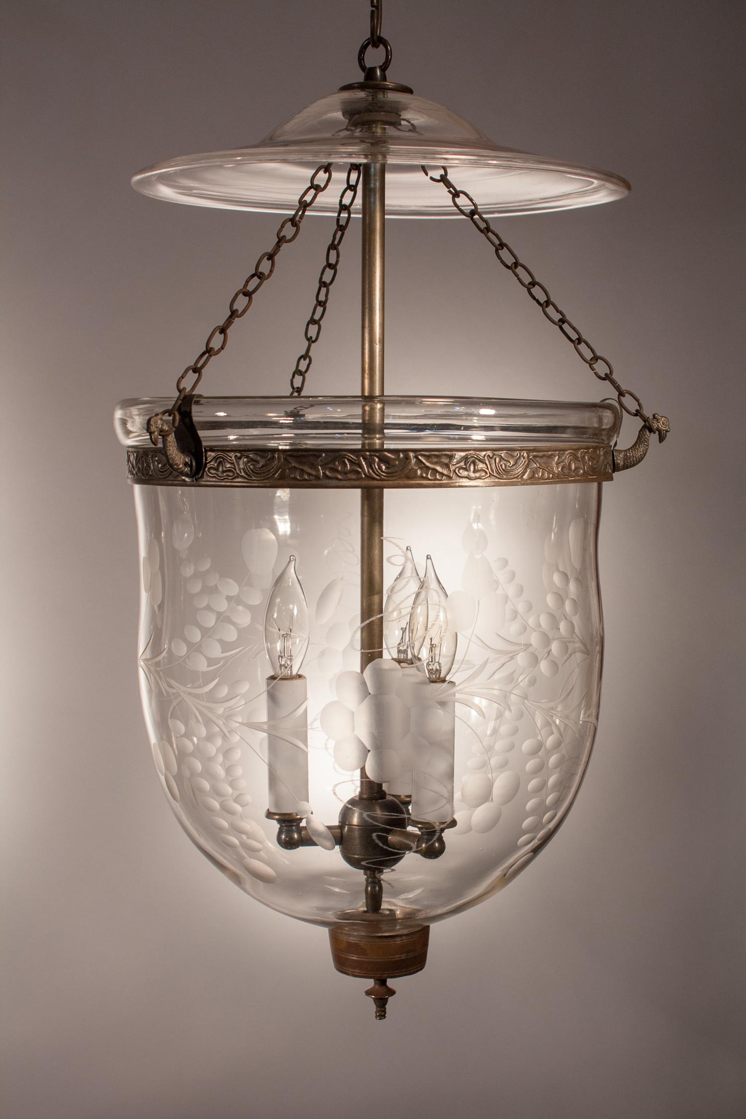 Pair of Antique Bell Jar Lanterns with Floral Etching In Good Condition In Heath, MA