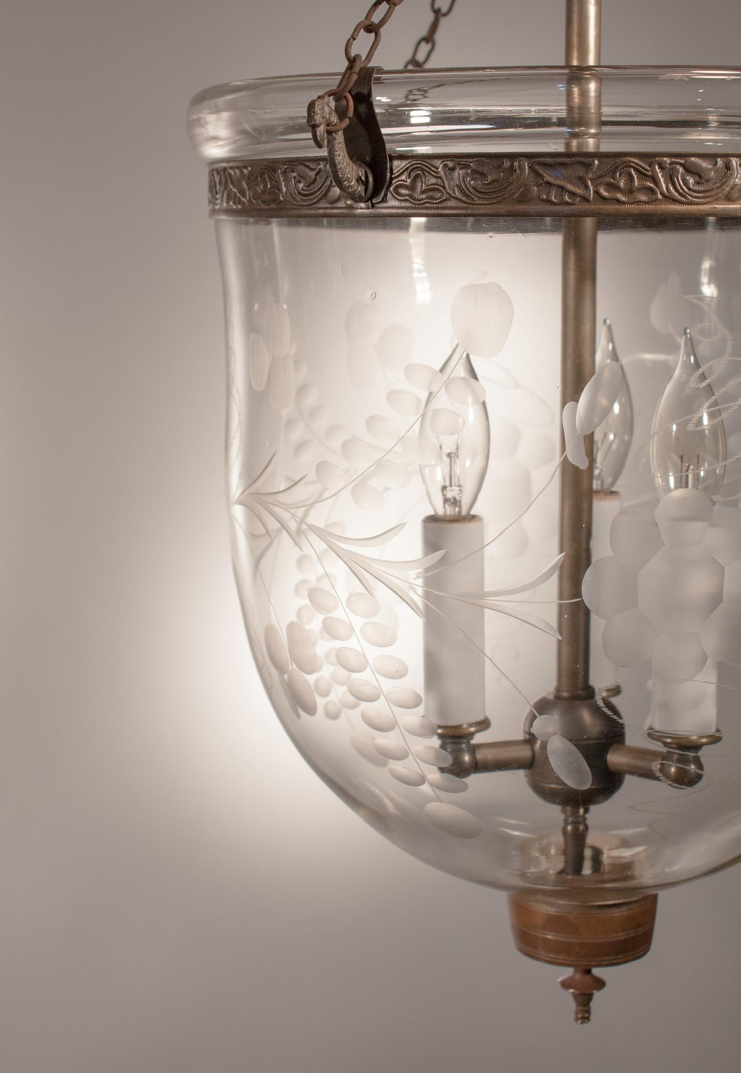 19th Century Pair of Antique Bell Jar Lanterns with Floral Etching