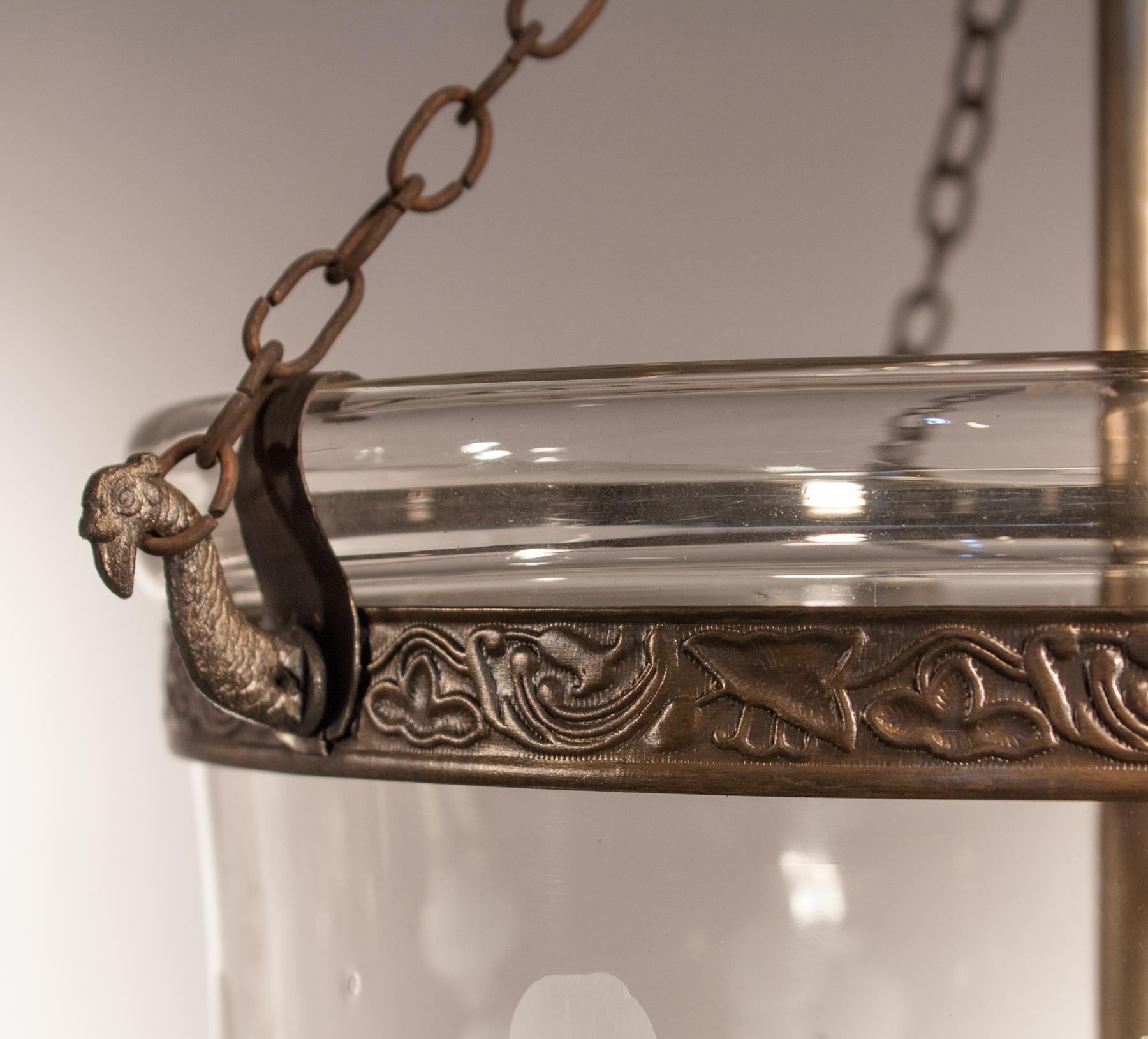 Pair of Antique Bell Jar Lanterns with Floral Etching 1
