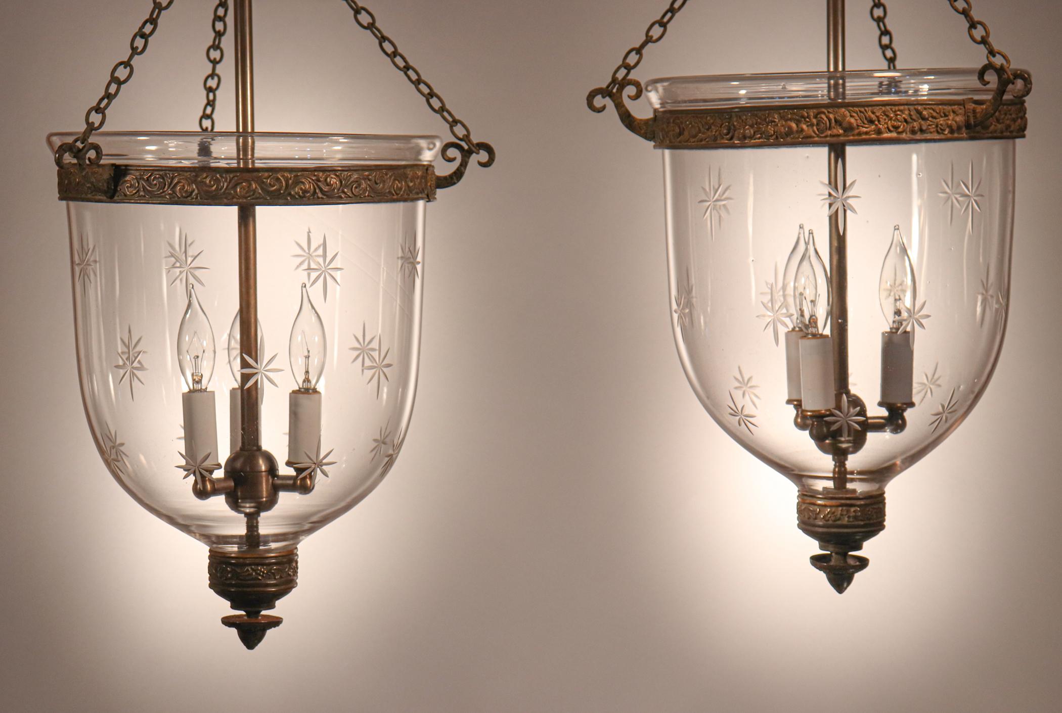 High Victorian Pair of Antique Bell Jar Lanterns with Star Etching