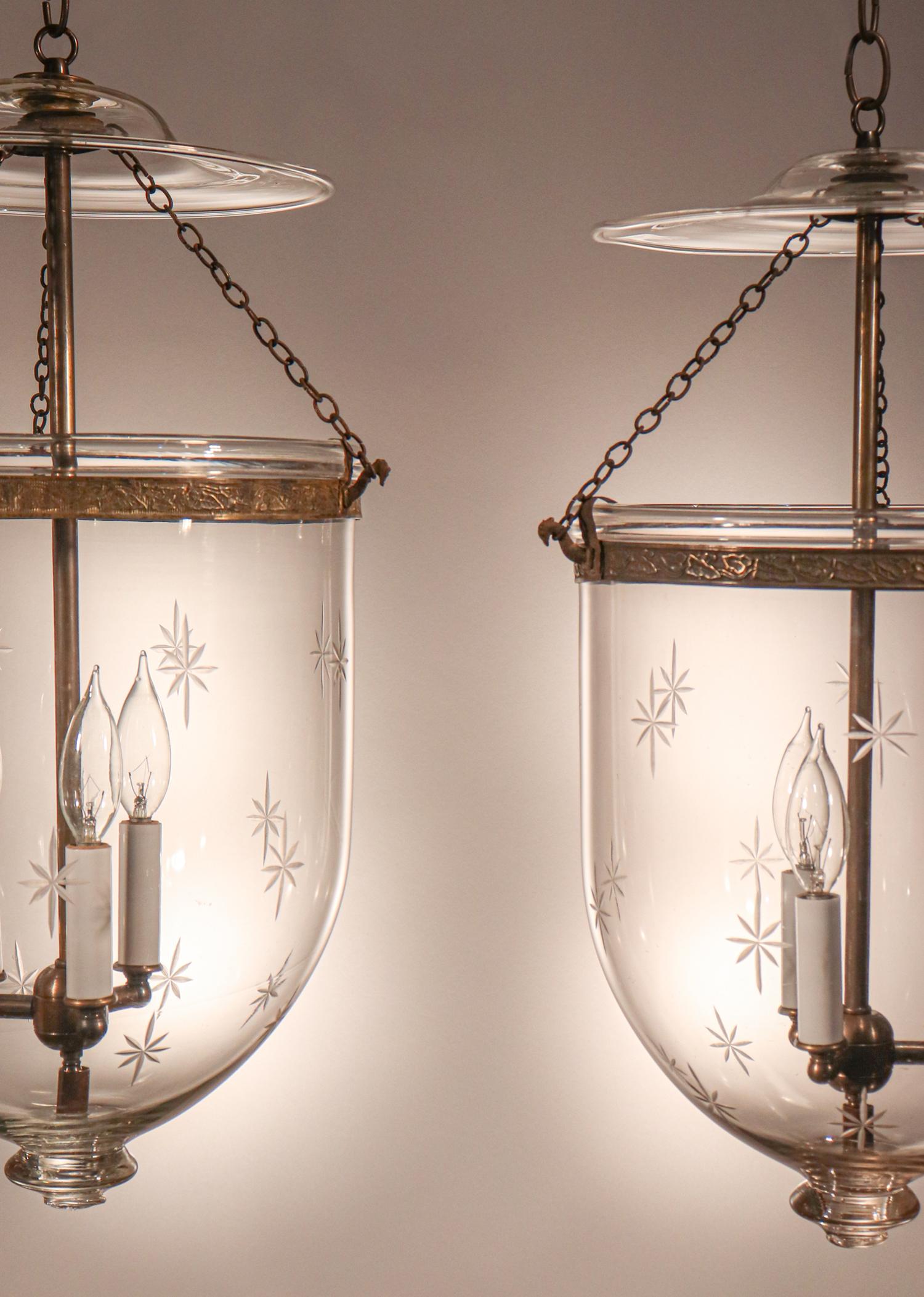 Victorian Pair of Antique Bell Jar Lanterns with Star Etching