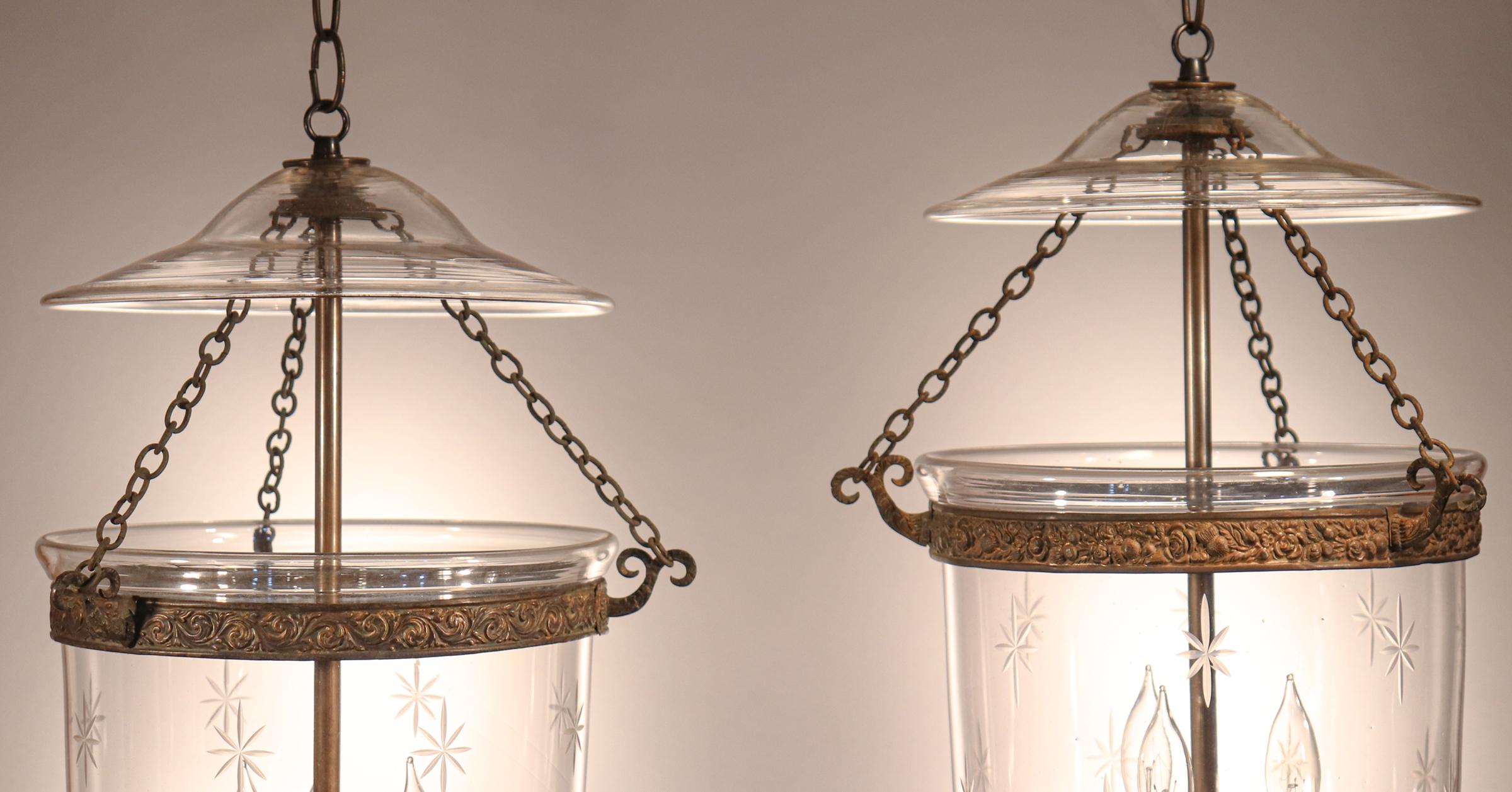 English Pair of Antique Bell Jar Lanterns with Star Etching