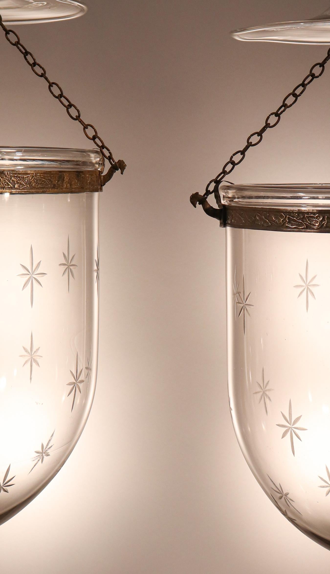 English Pair of Antique Bell Jar Lanterns with Star Etching