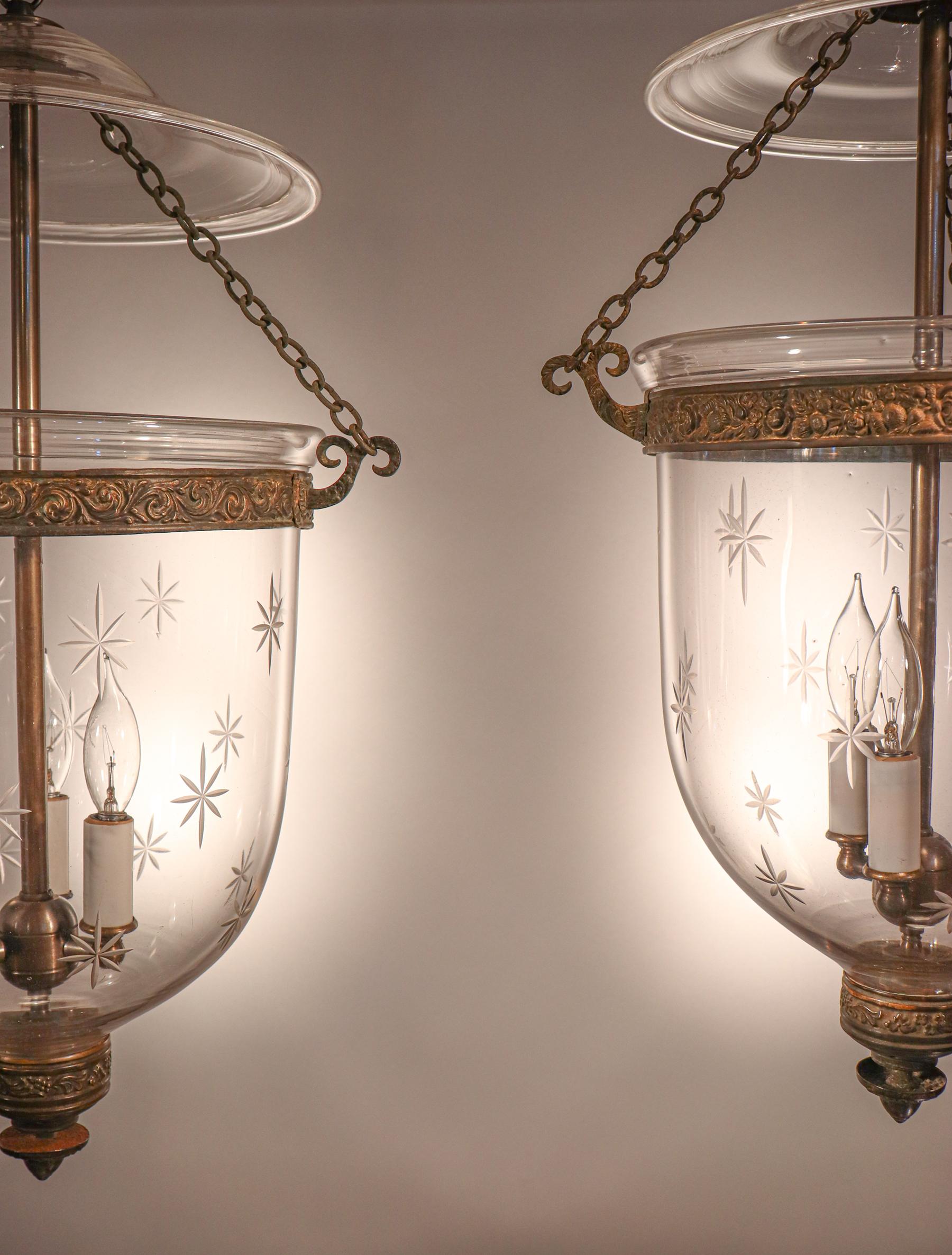 Etched Pair of Antique Bell Jar Lanterns with Star Etching