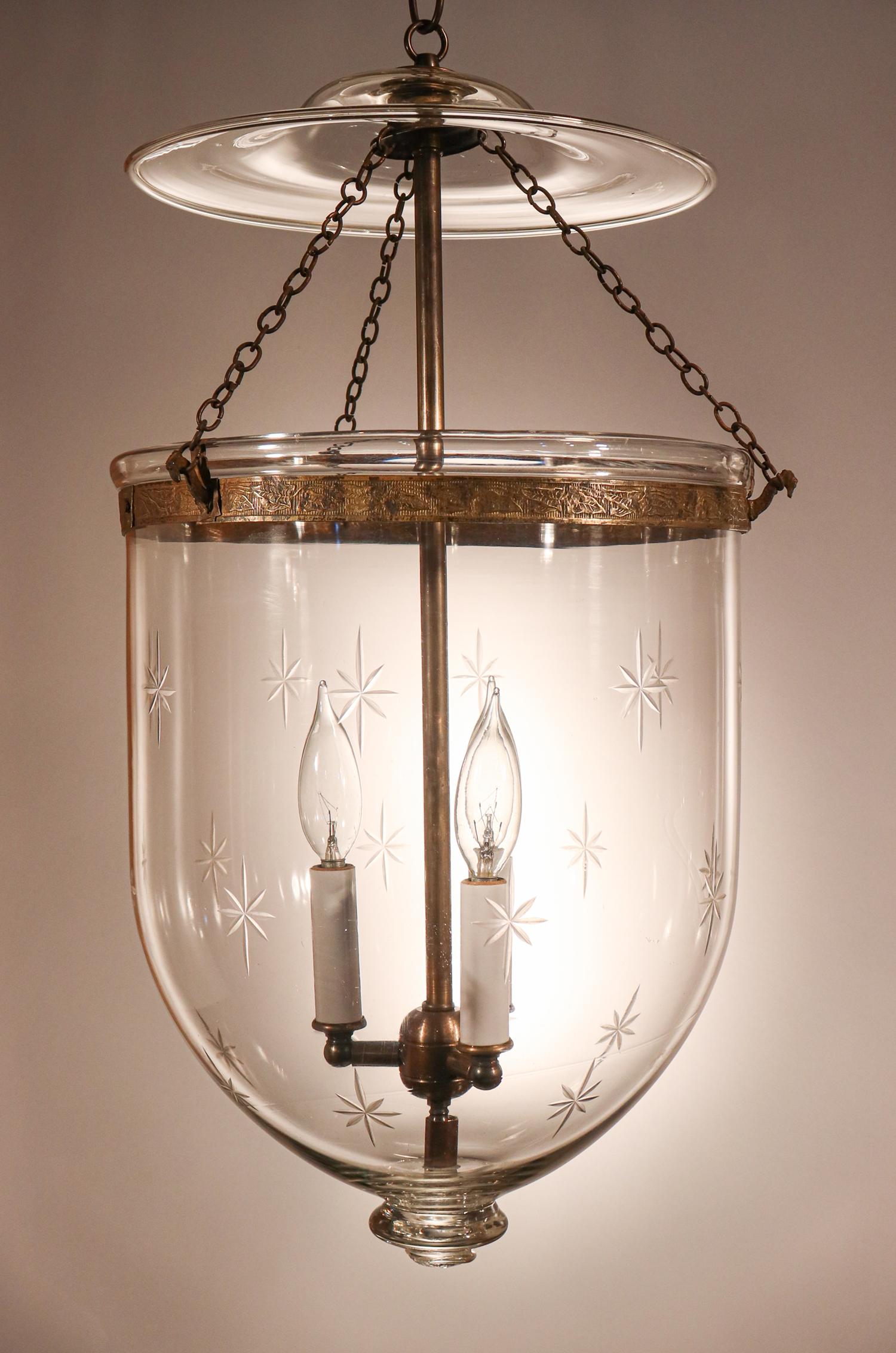 Embossed Pair of Antique Bell Jar Lanterns with Star Etching