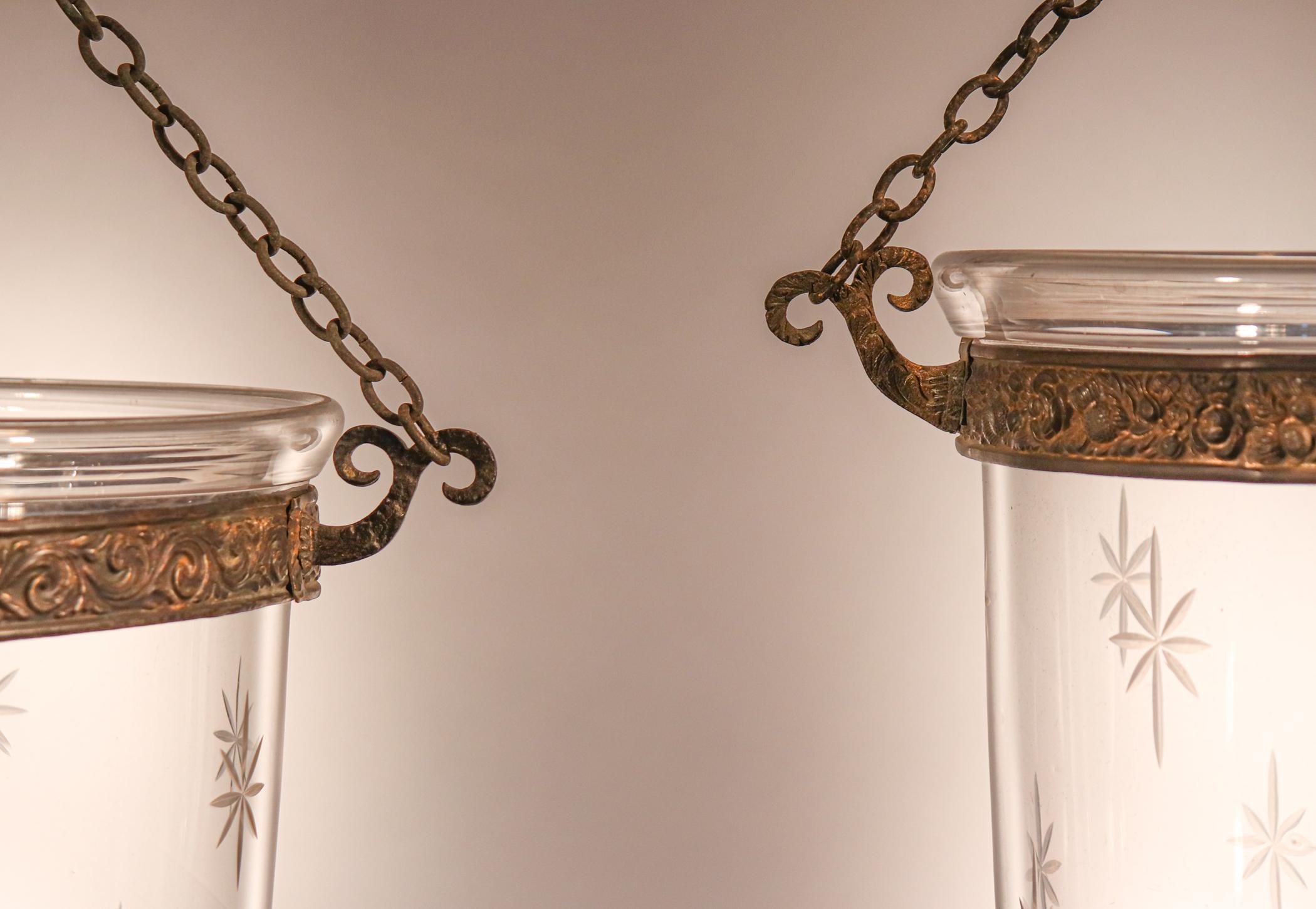 Pair of Antique Bell Jar Lanterns with Star Etching In Good Condition In Heath, MA