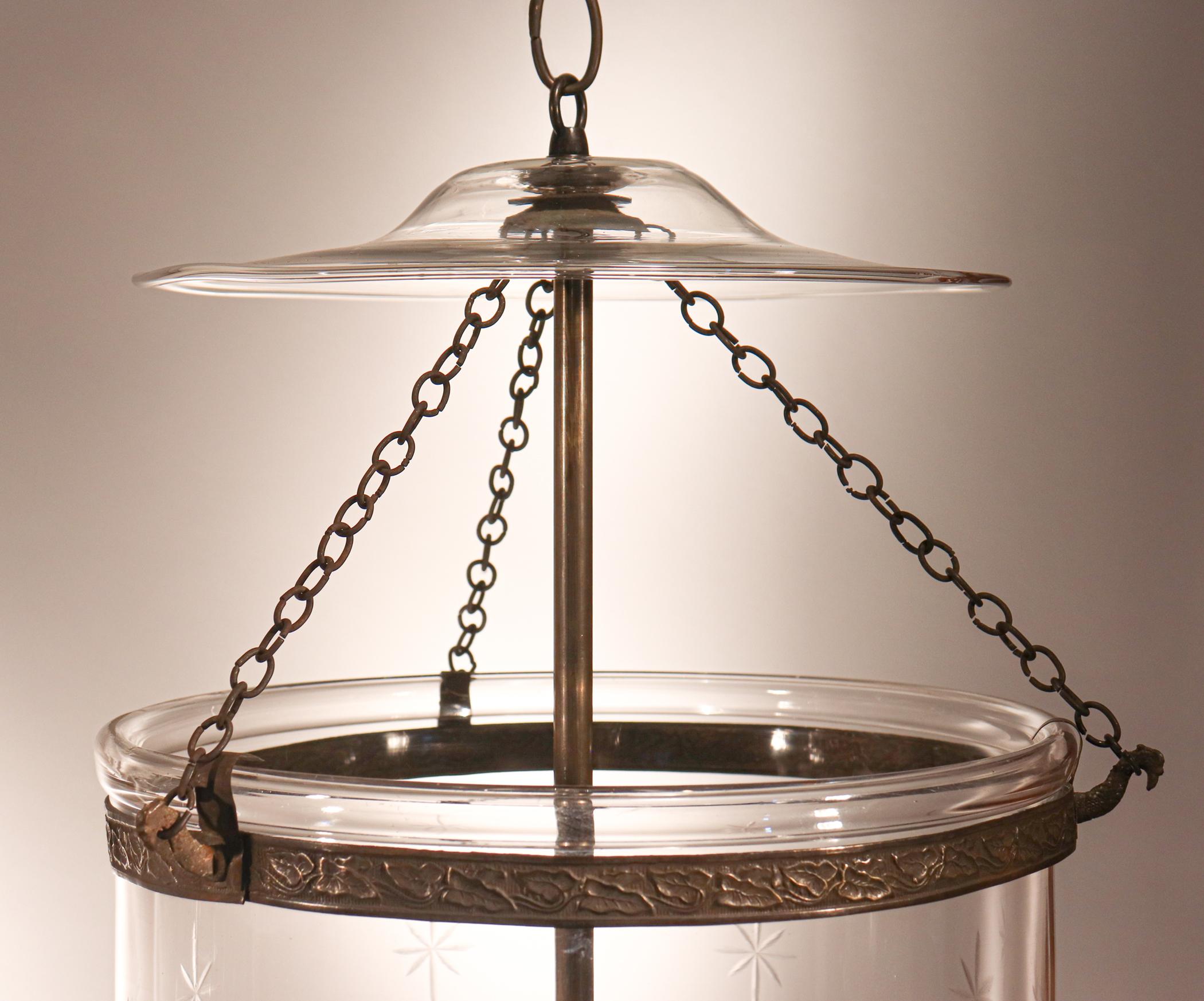 Pair of Antique Bell Jar Lanterns with Star Etching In Good Condition In Heath, MA