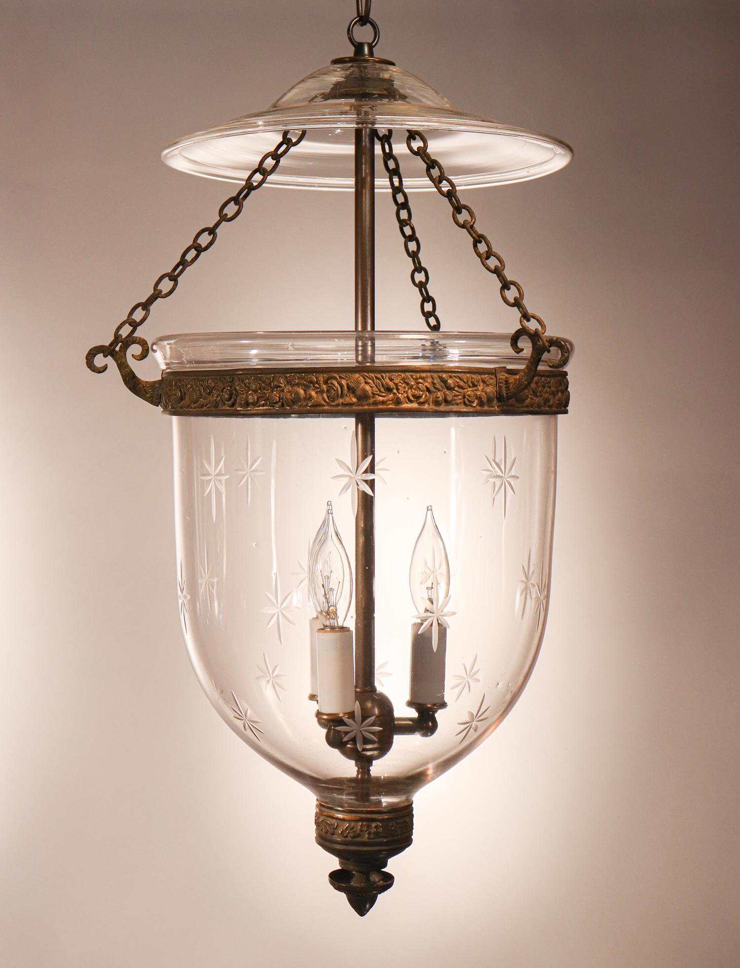 19th Century Pair of Antique Bell Jar Lanterns with Star Etching