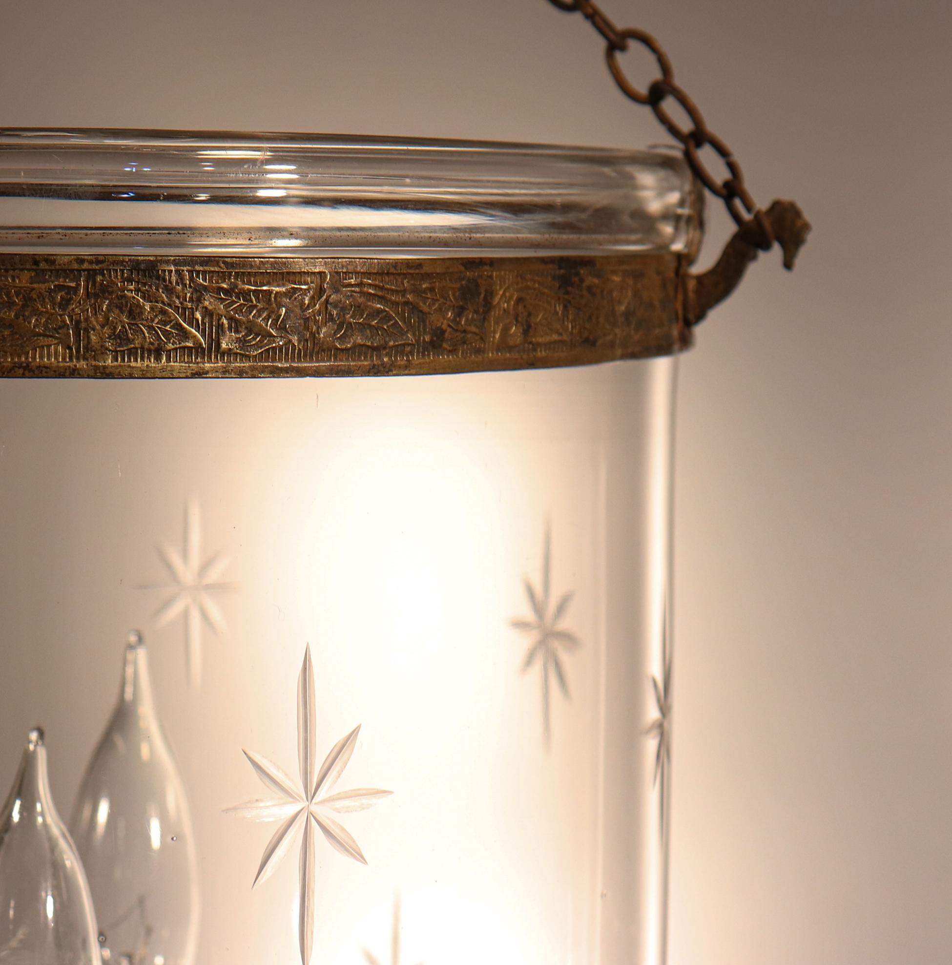 Brass Pair of Antique Bell Jar Lanterns with Star Etching