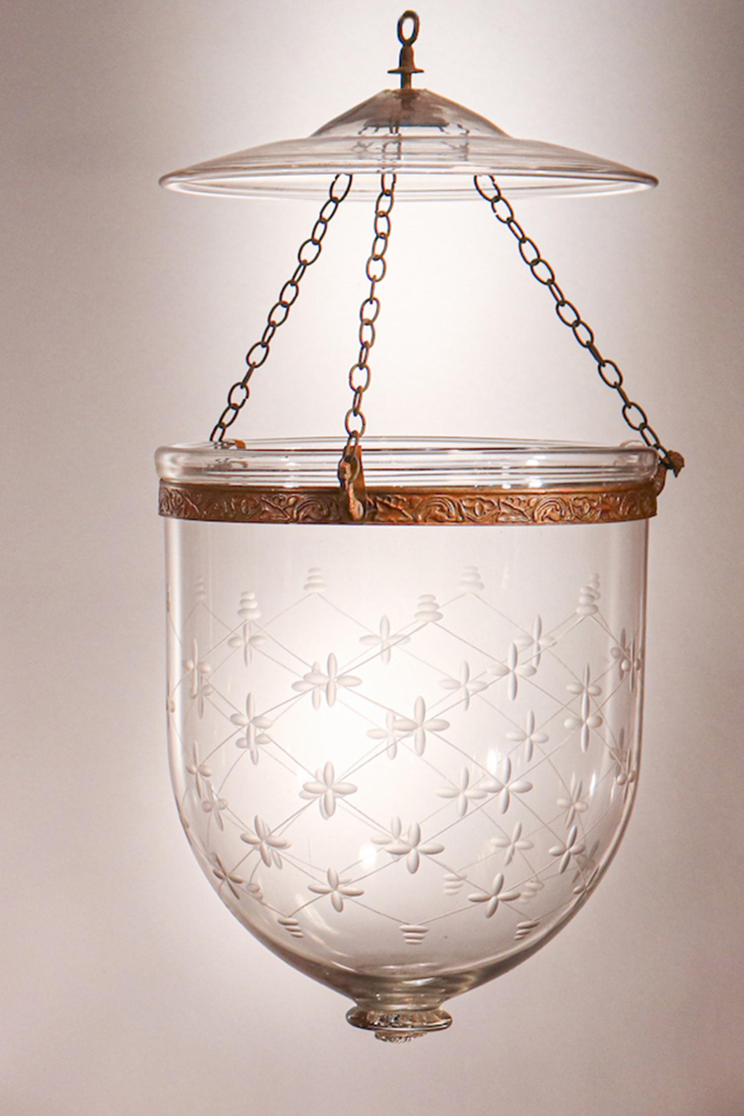Victorian Pair of Antique Bell Jar Lanterns with Trellis Etching