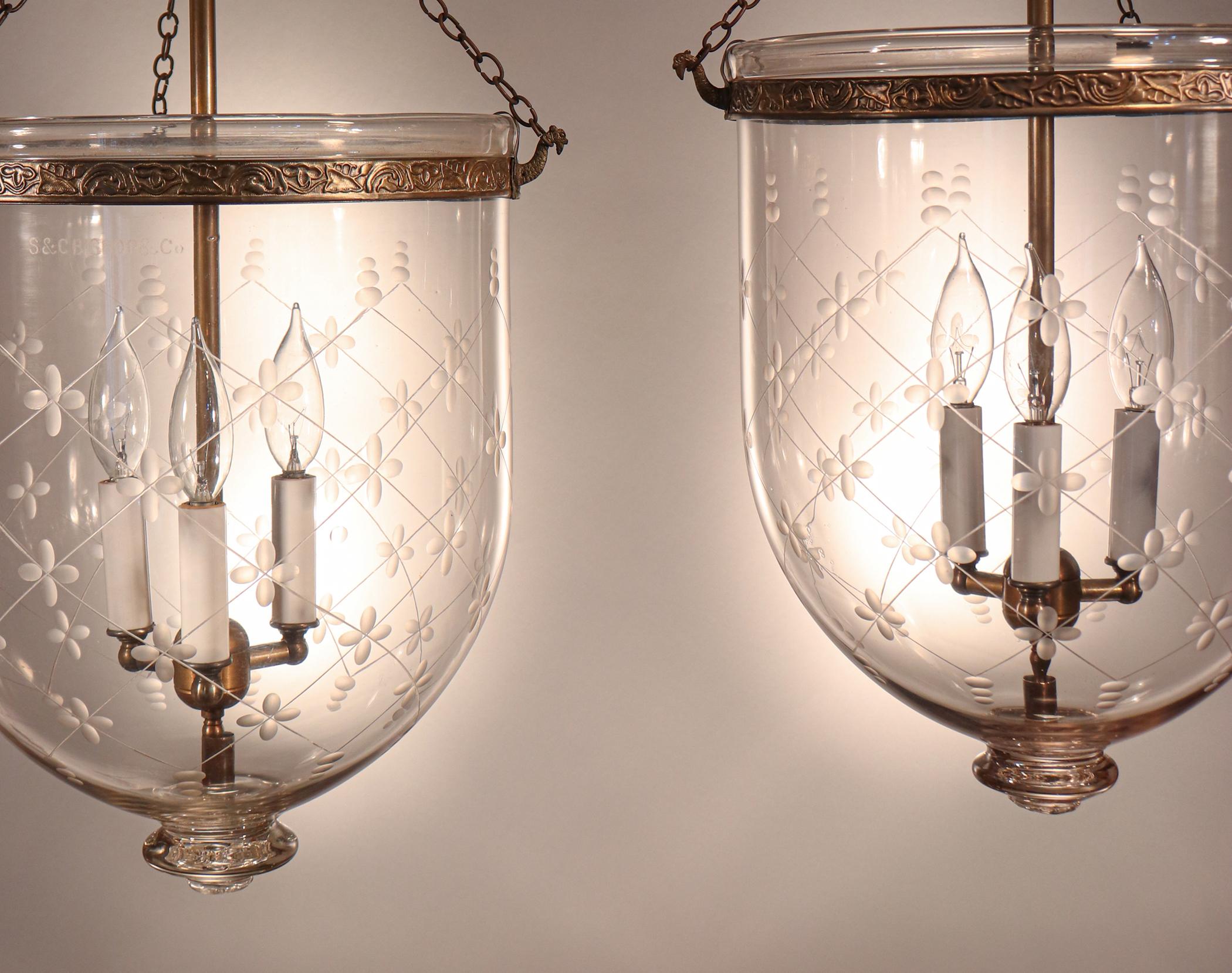 English Pair of Antique Bell Jar Lanterns with Trellis Etching