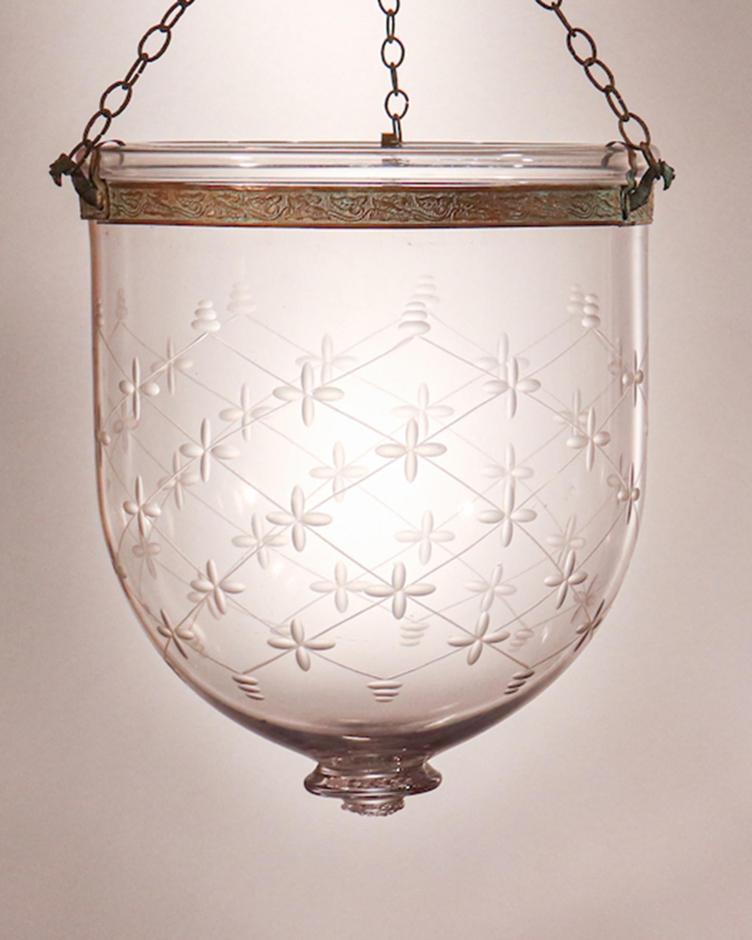 English Pair of Antique Bell Jar Lanterns with Trellis Etching