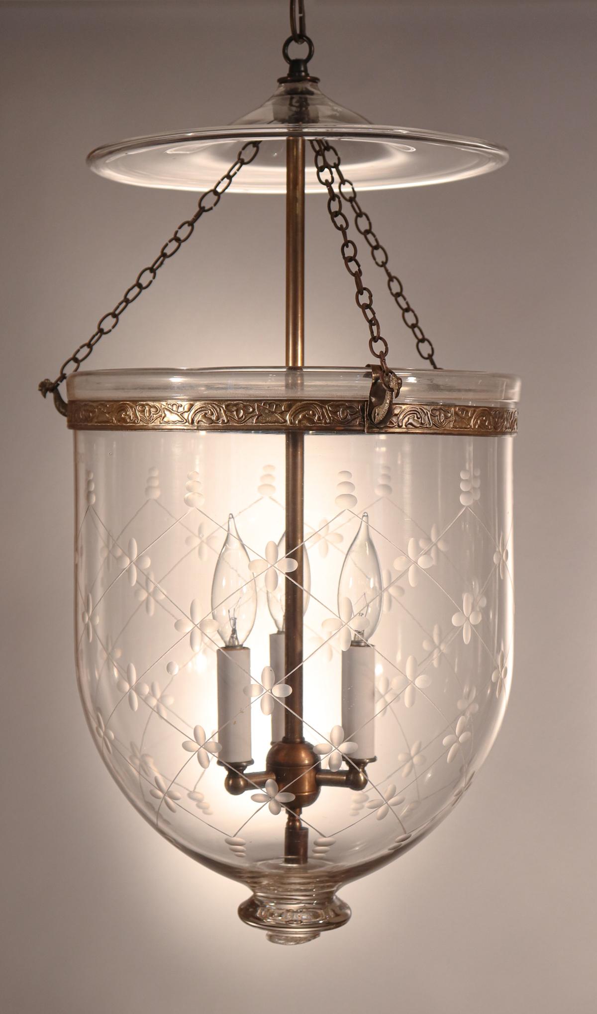 Pair of Antique Bell Jar Lanterns with Trellis Etching In Good Condition In Heath, MA