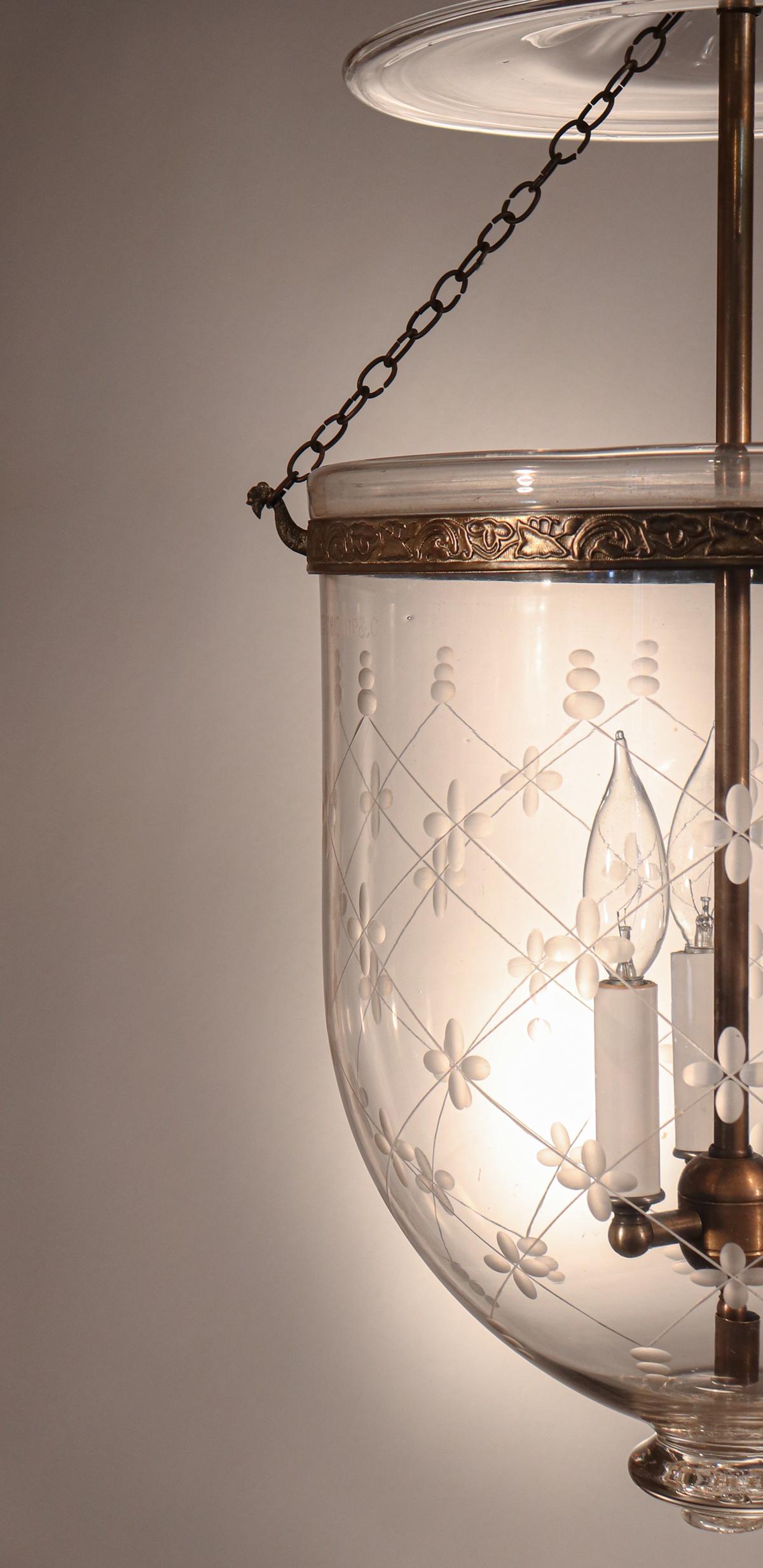 Brass Pair of Antique Bell Jar Lanterns with Trellis Etching