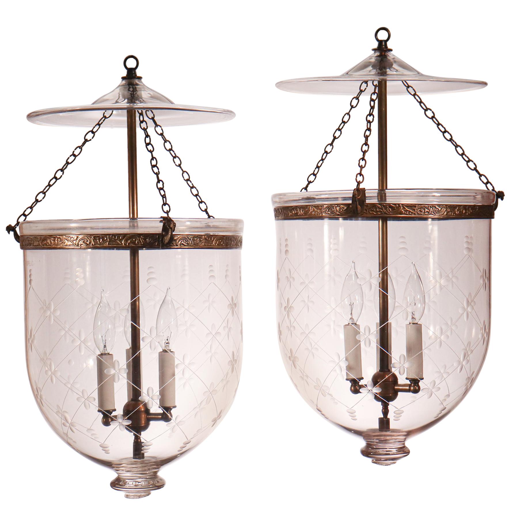 Pair of Antique Bell Jar Lanterns with Trellis Etching