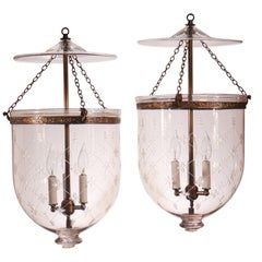 Pair of Antique Bell Jar Lanterns with Trellis Etching