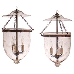 Pair of Antique Bell Jar Lanterns with Trellis Etching