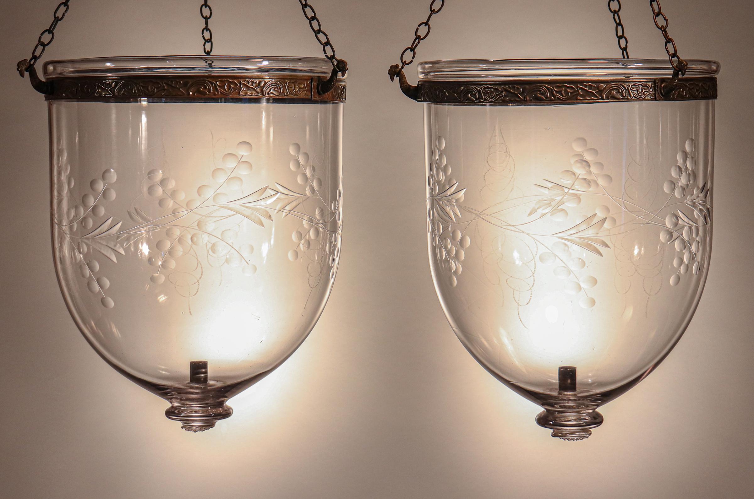Pair of Antique Bell Jar Lanterns with Vine Etching 2