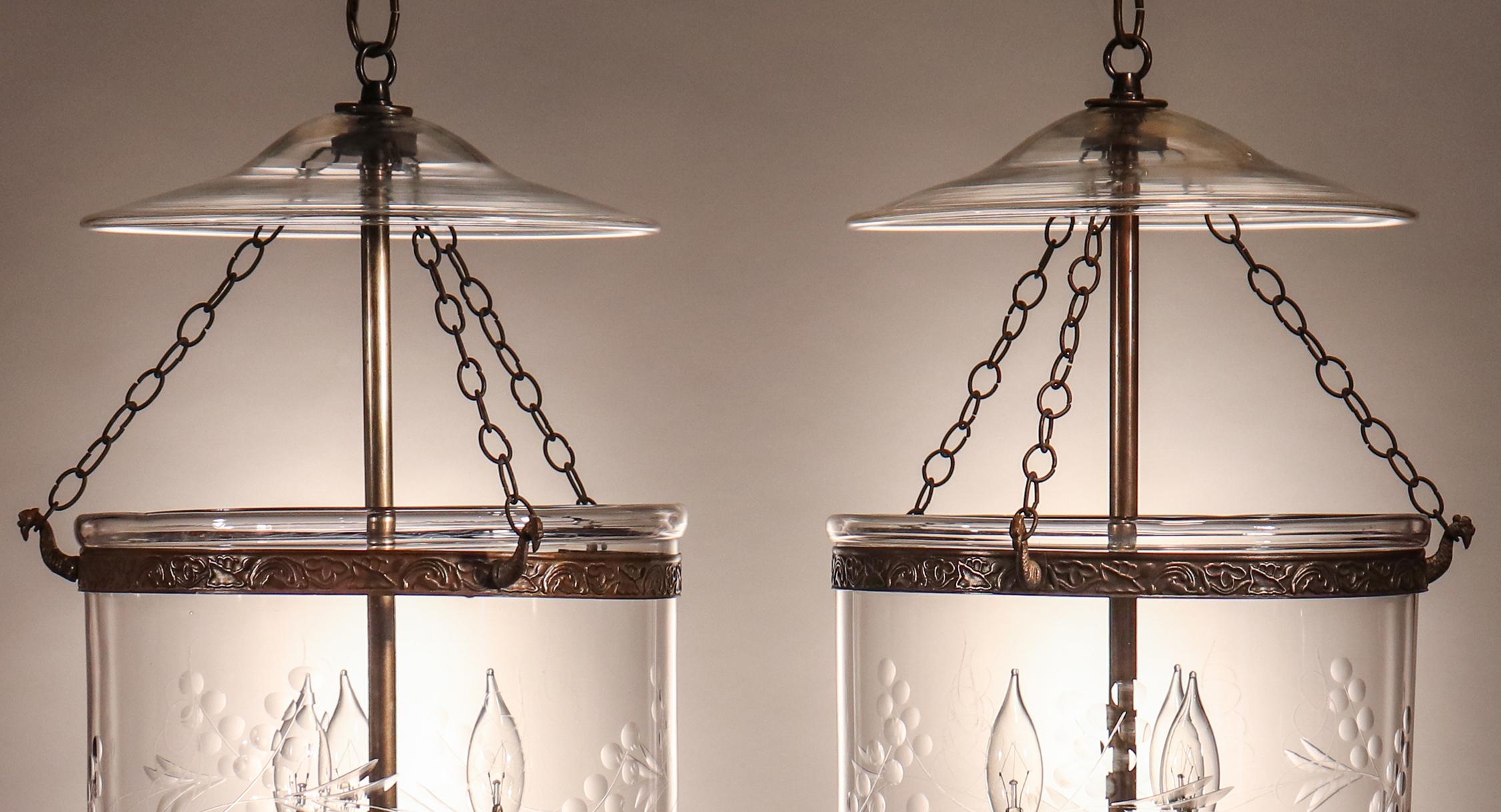 Victorian Pair of Antique Bell Jar Lanterns with Vine Etching