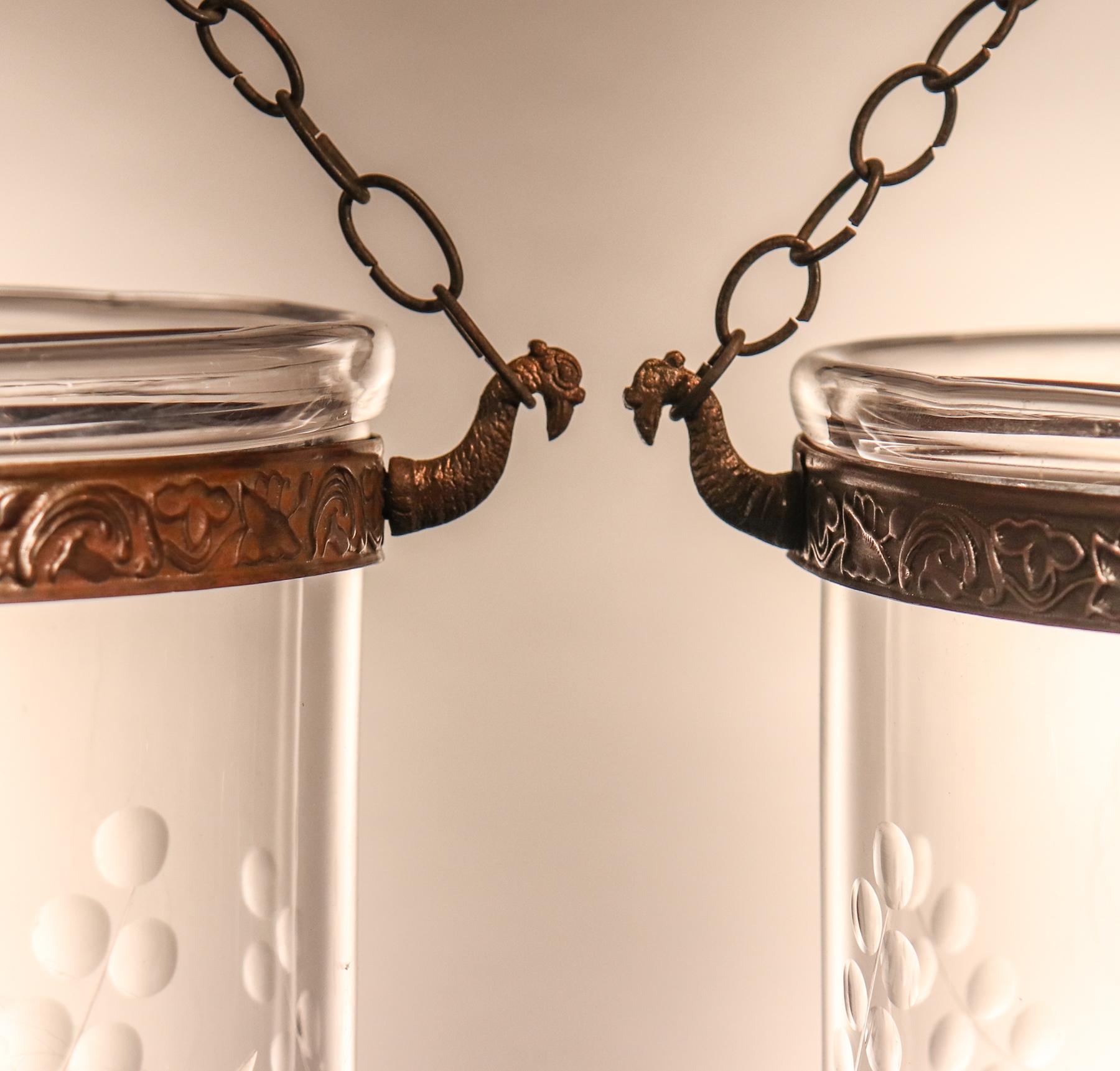 English Pair of Antique Bell Jar Lanterns with Vine Etching