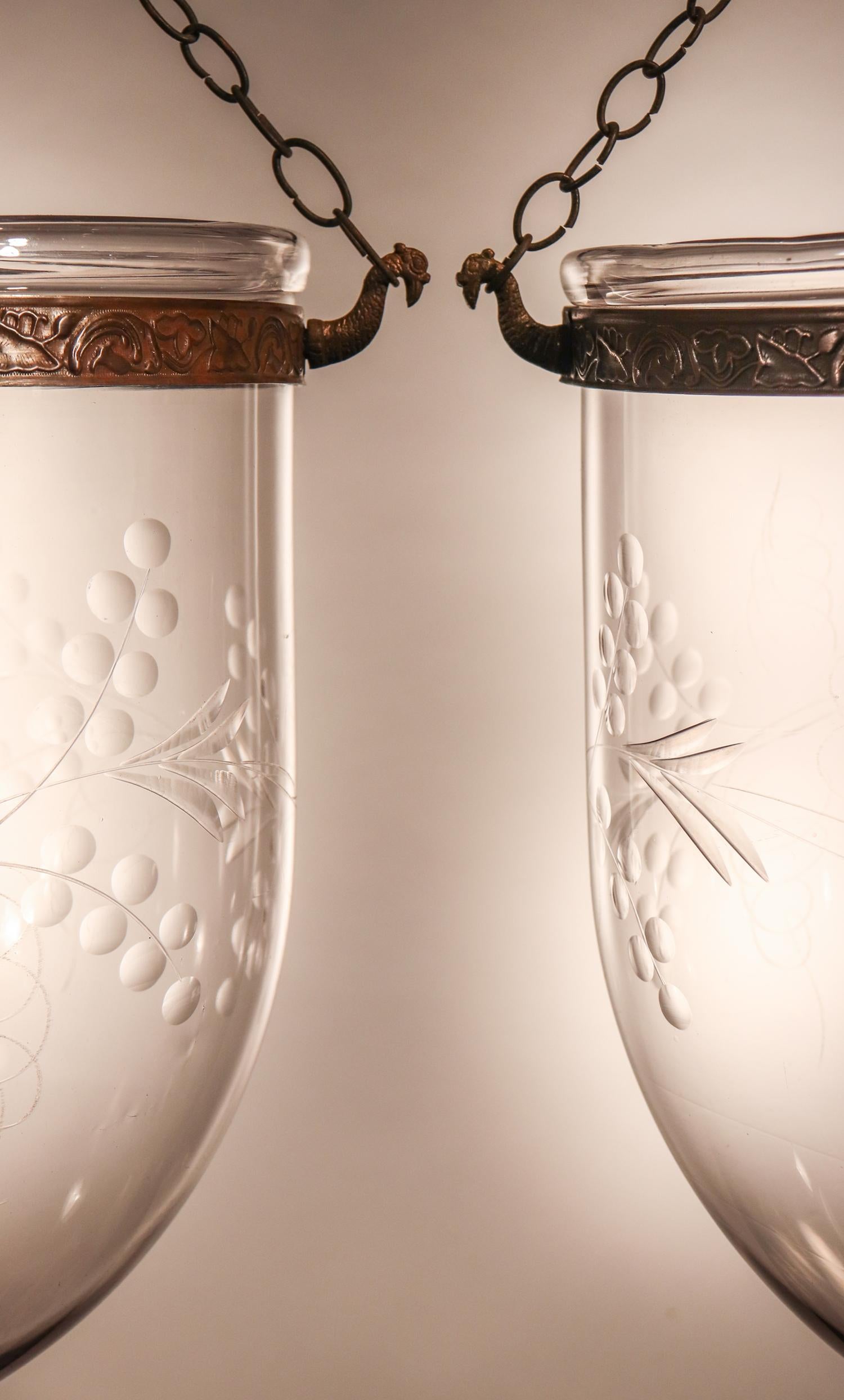 Etched Pair of Antique Bell Jar Lanterns with Vine Etching