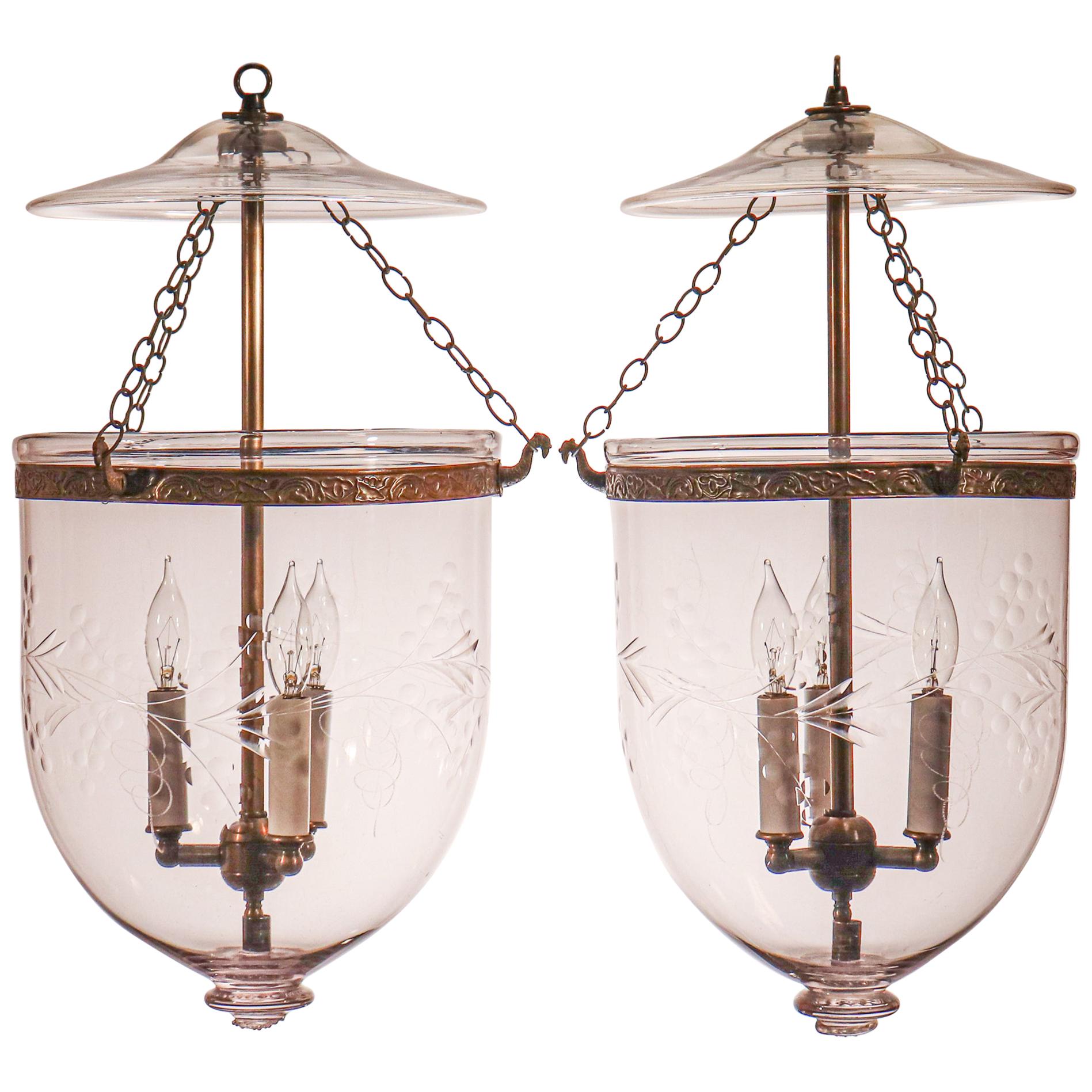 Pair of Antique Bell Jar Lanterns with Vine Etching