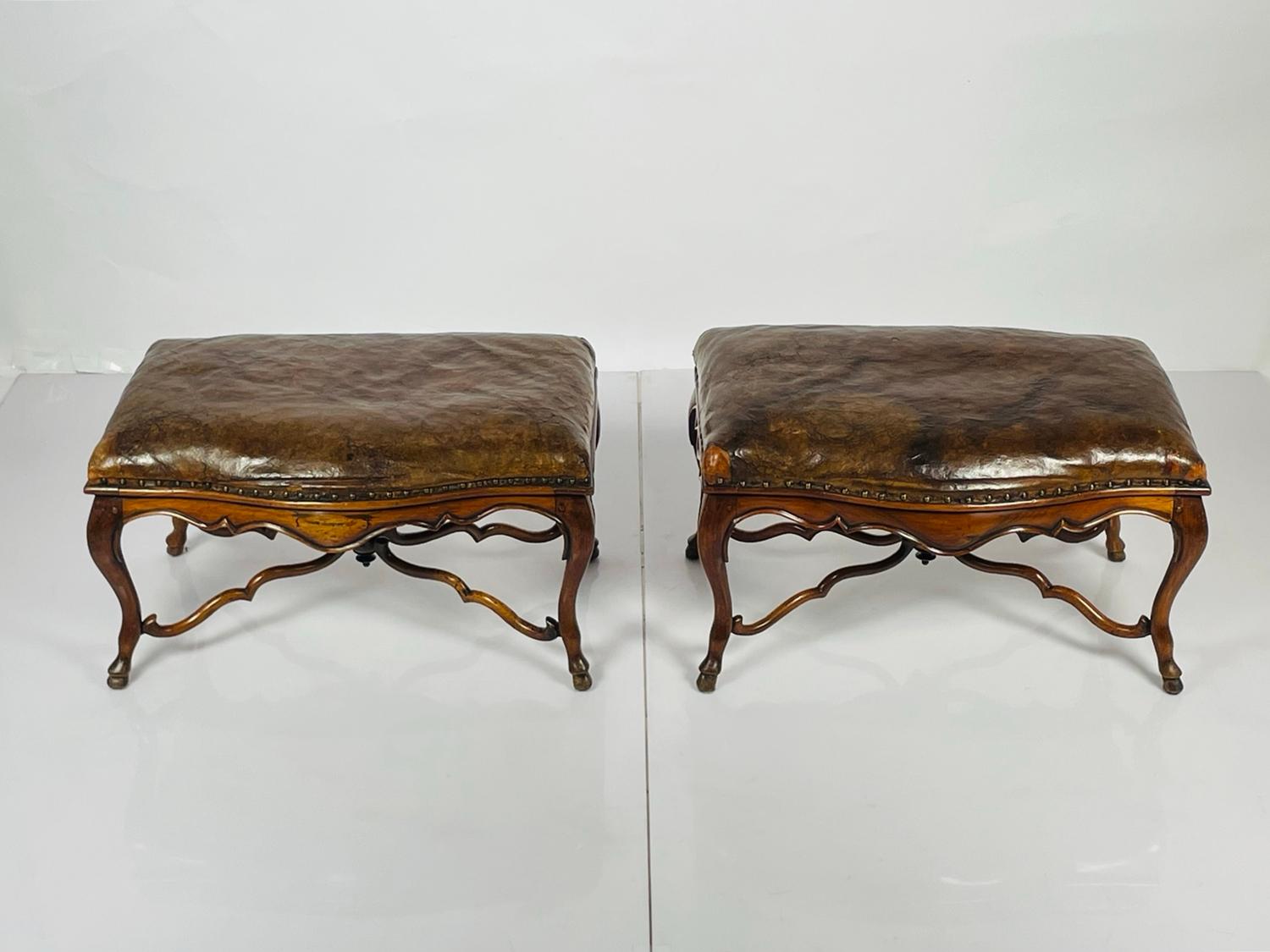 20th Century Pair of Antique Benches in Mahogany & Leather, Made in France