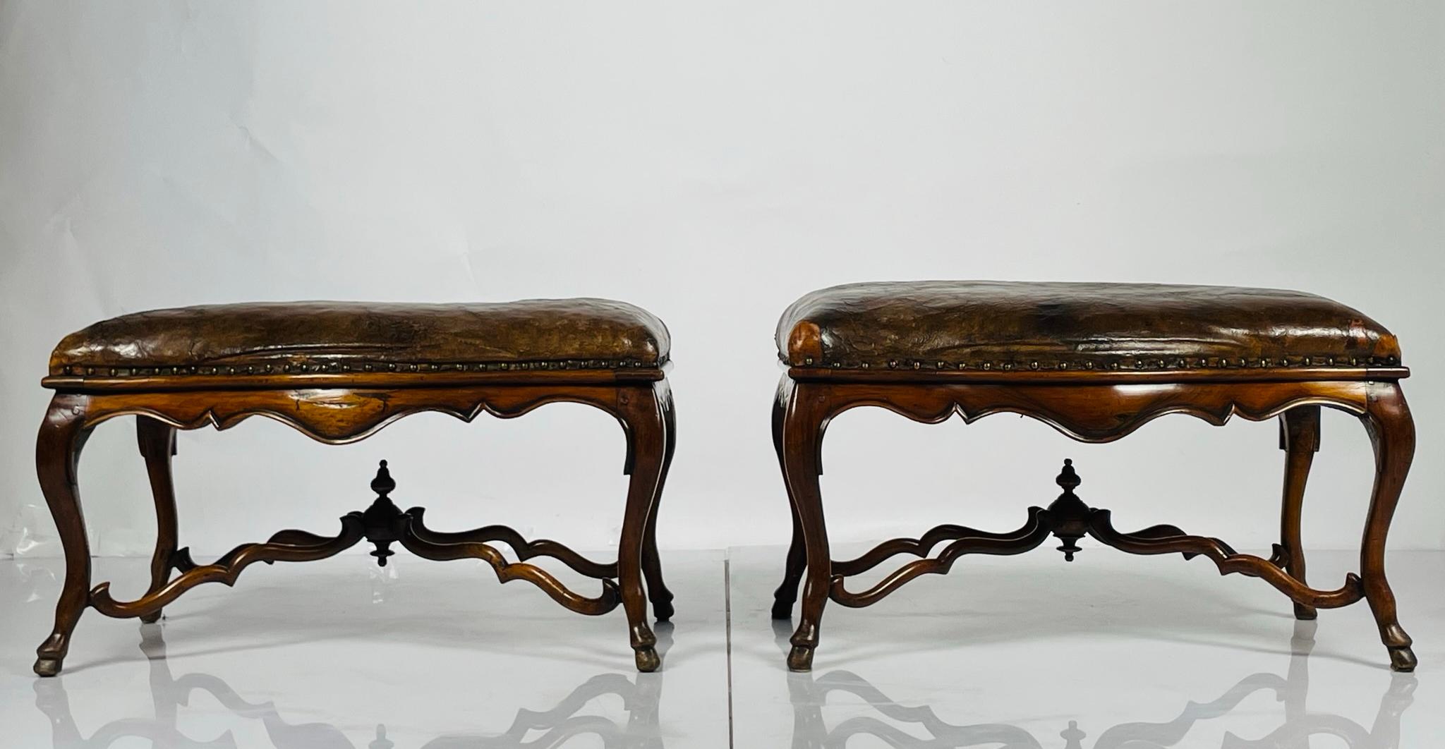 Pair of Antique Benches in Mahogany & Leather, Made in France 1