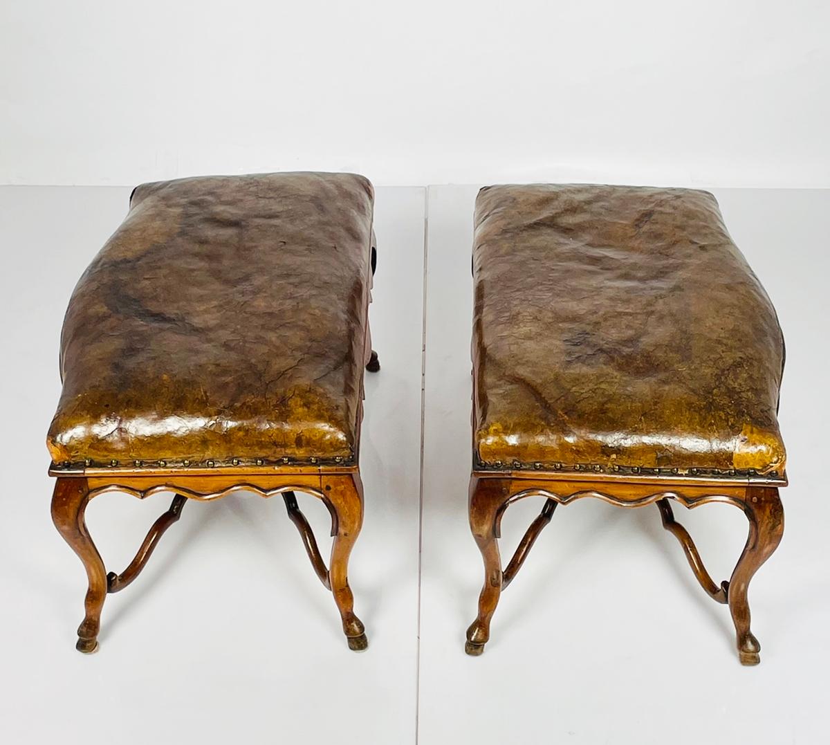 Pair of Antique Benches in Mahogany & Leather, Made in France 2