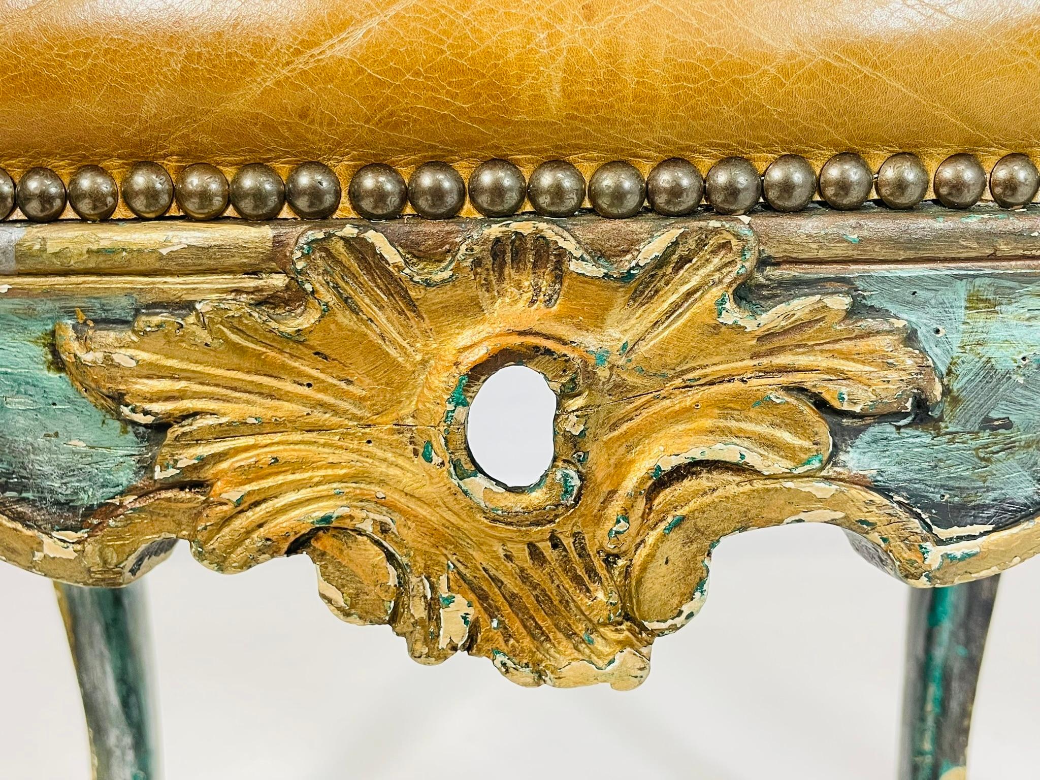 Pair of Antique Benches With leather Upholstery & Giltwood Frames, France 1900's For Sale 2