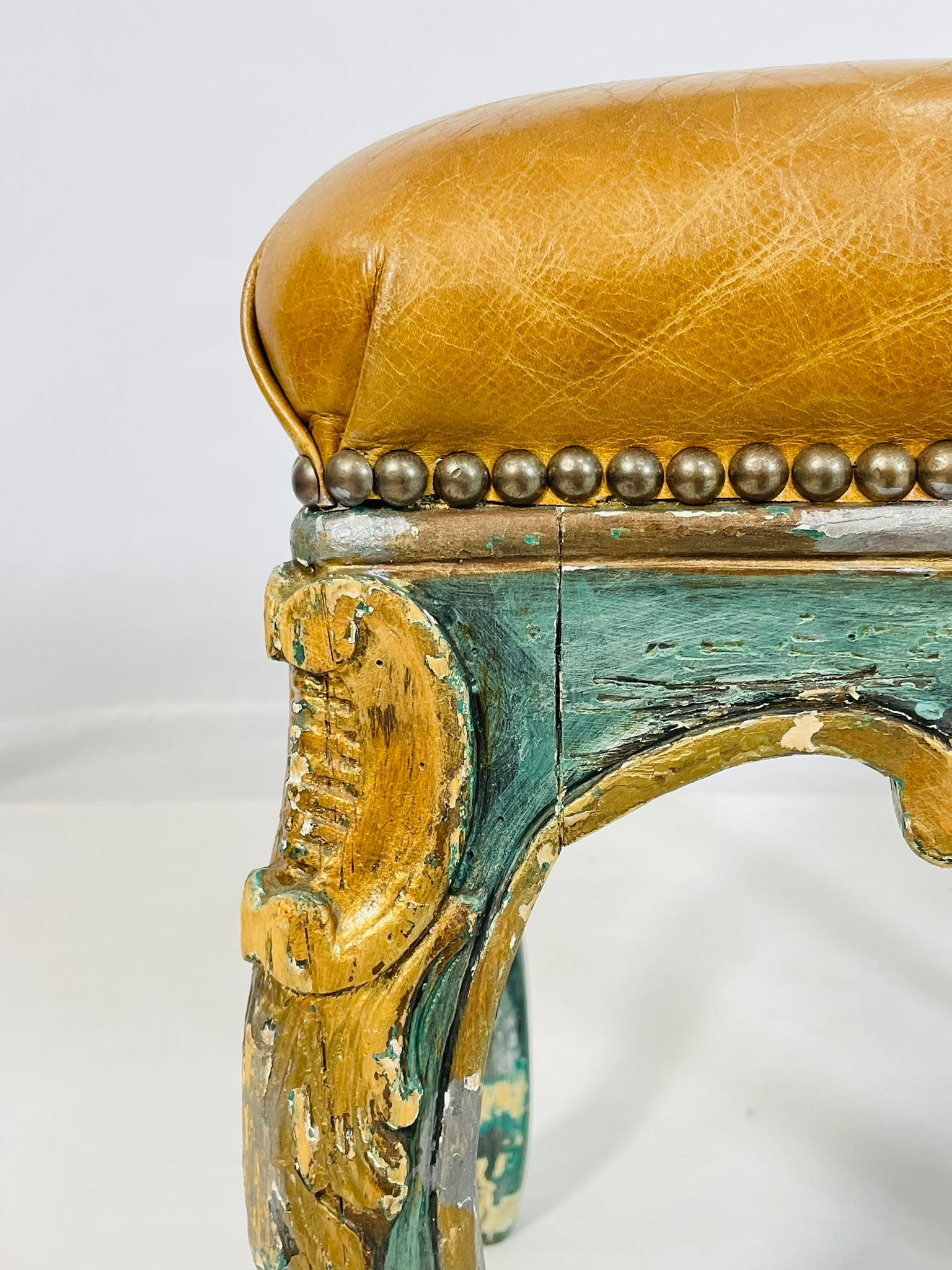 Pair of Antique Benches With leather Upholstery & Giltwood Frames, France 1900's For Sale 3