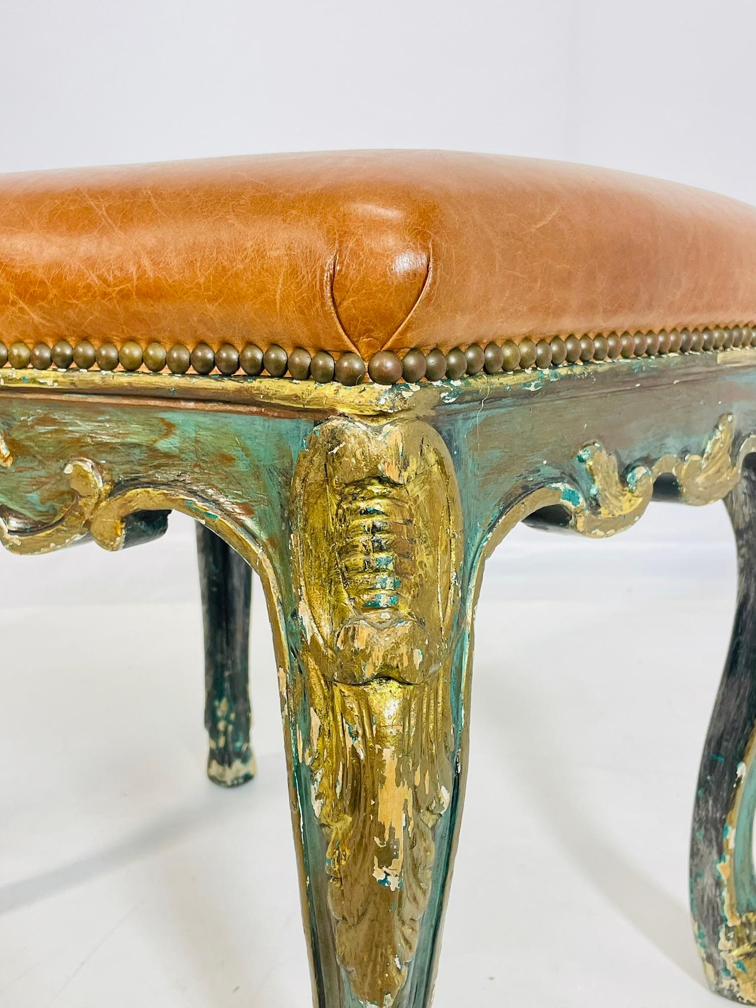 Pair of Antique Benches With leather Upholstery & Giltwood Frames, France 1900's For Sale 4