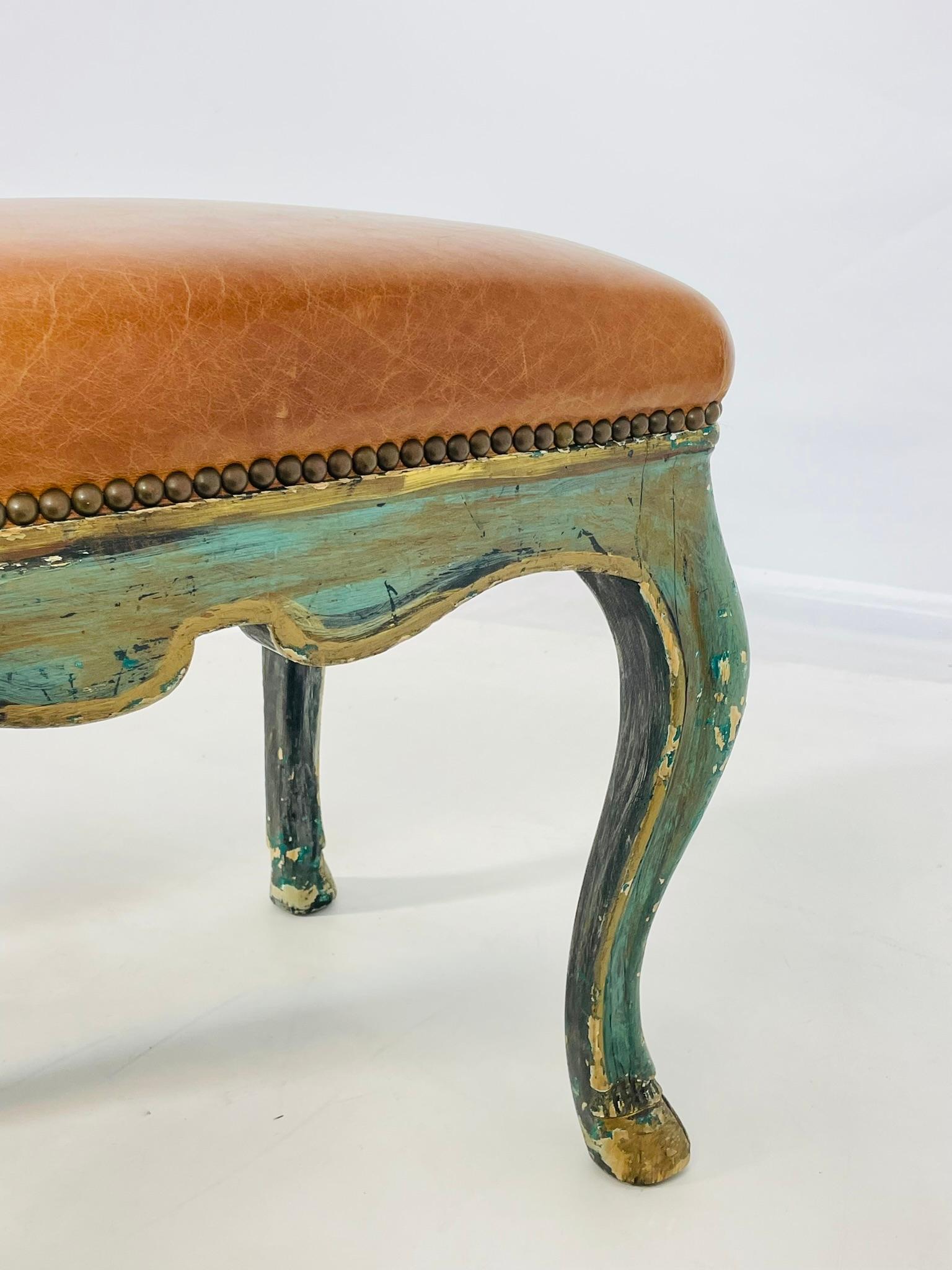 Pair of Antique Benches With leather Upholstery & Giltwood Frames, France 1900's For Sale 8