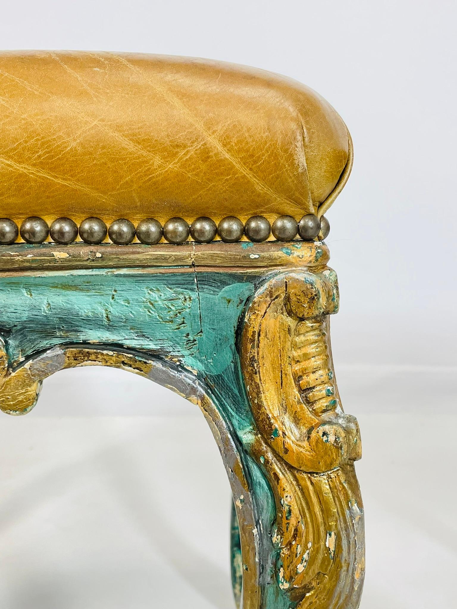 Pair of Antique Benches With leather Upholstery & Giltwood Frames, France 1900's For Sale 9