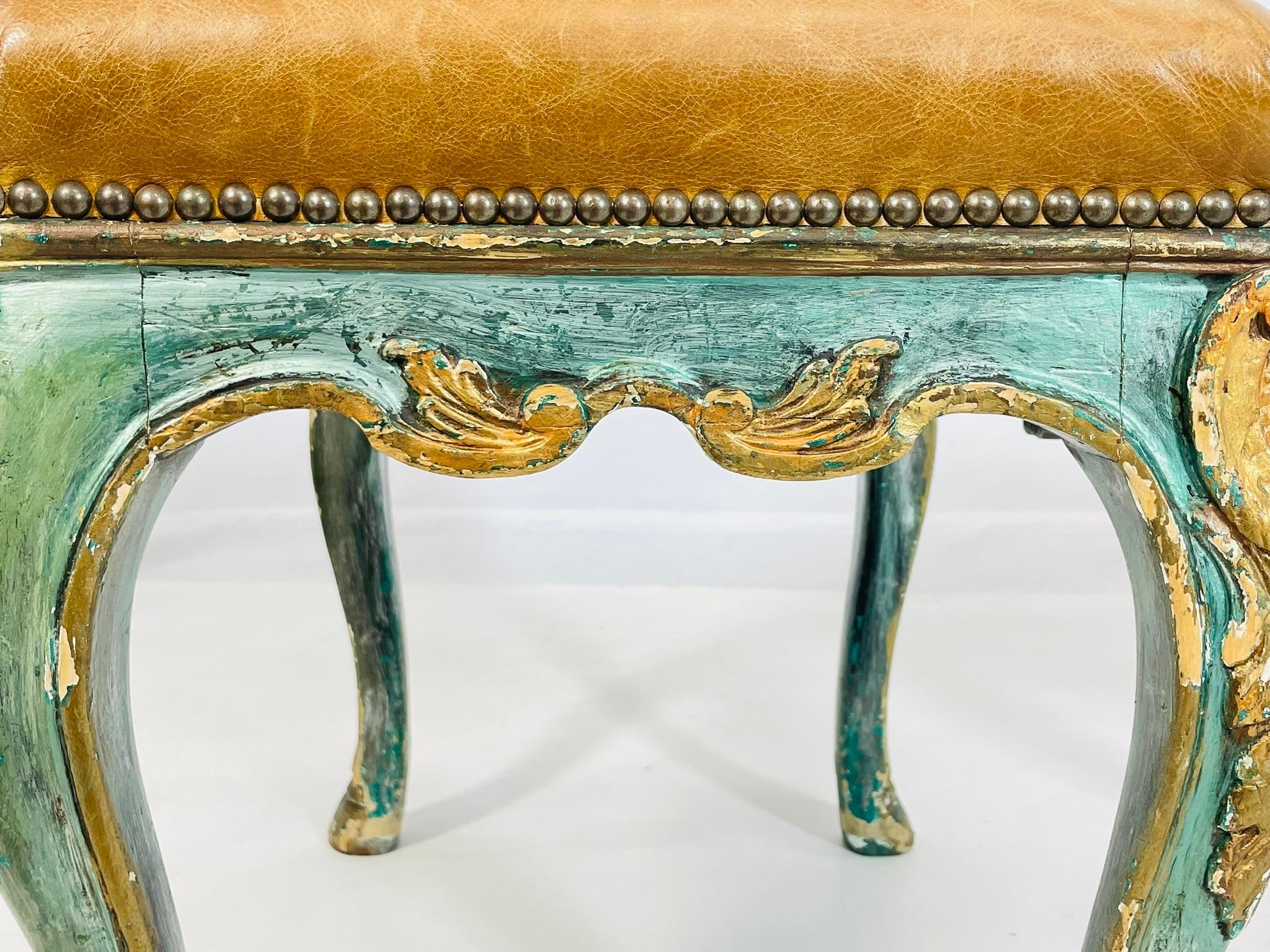 Pair of Antique Benches With leather Upholstery & Giltwood Frames, France 1900's For Sale 11
