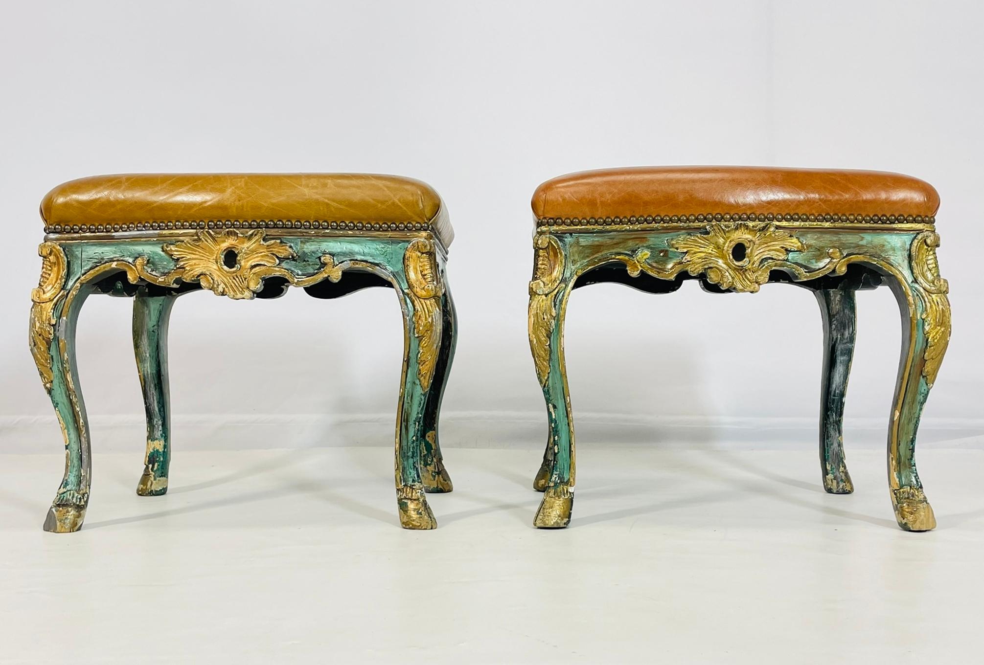 French Provincial Pair of Antique Benches With leather Upholstery & Giltwood Frames, France 1900's For Sale