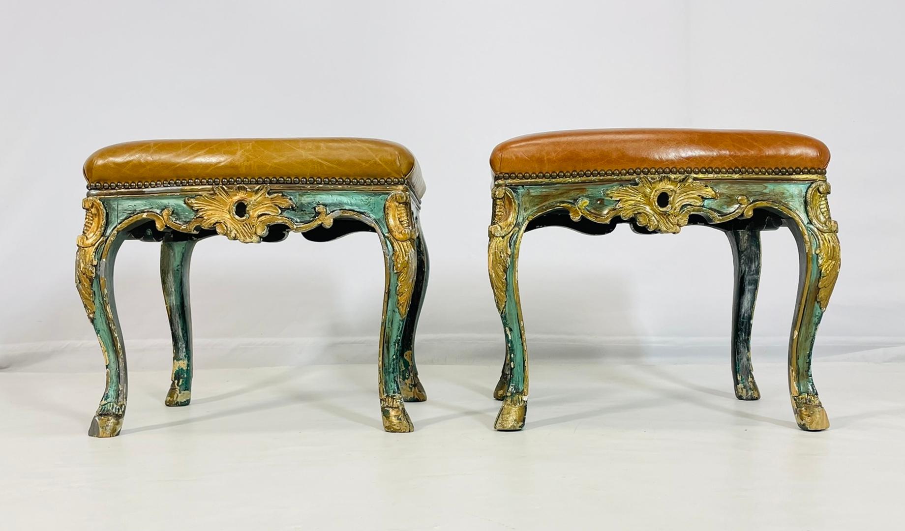 French Pair of Antique Benches With leather Upholstery & Giltwood Frames, France 1900's For Sale