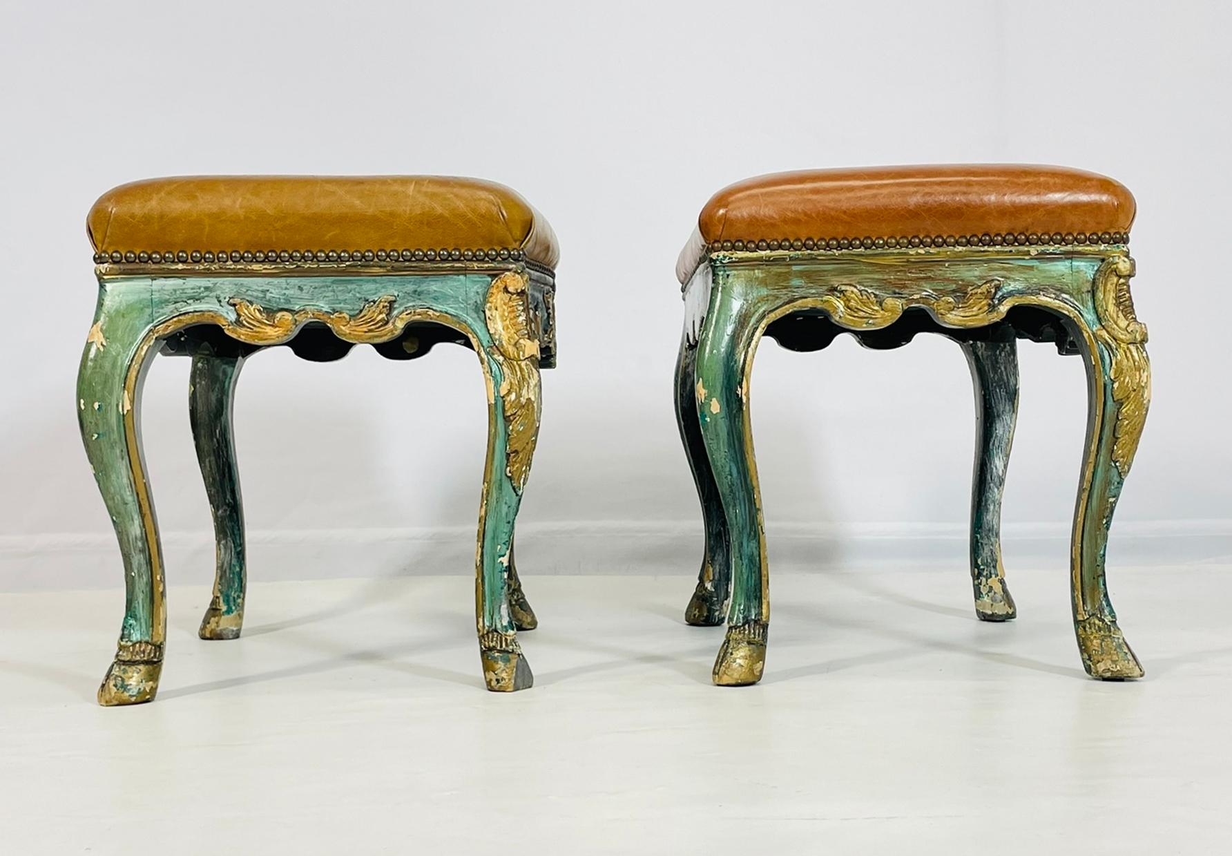 Hand-Crafted Pair of Antique Benches With leather Upholstery & Giltwood Frames, France 1900's For Sale
