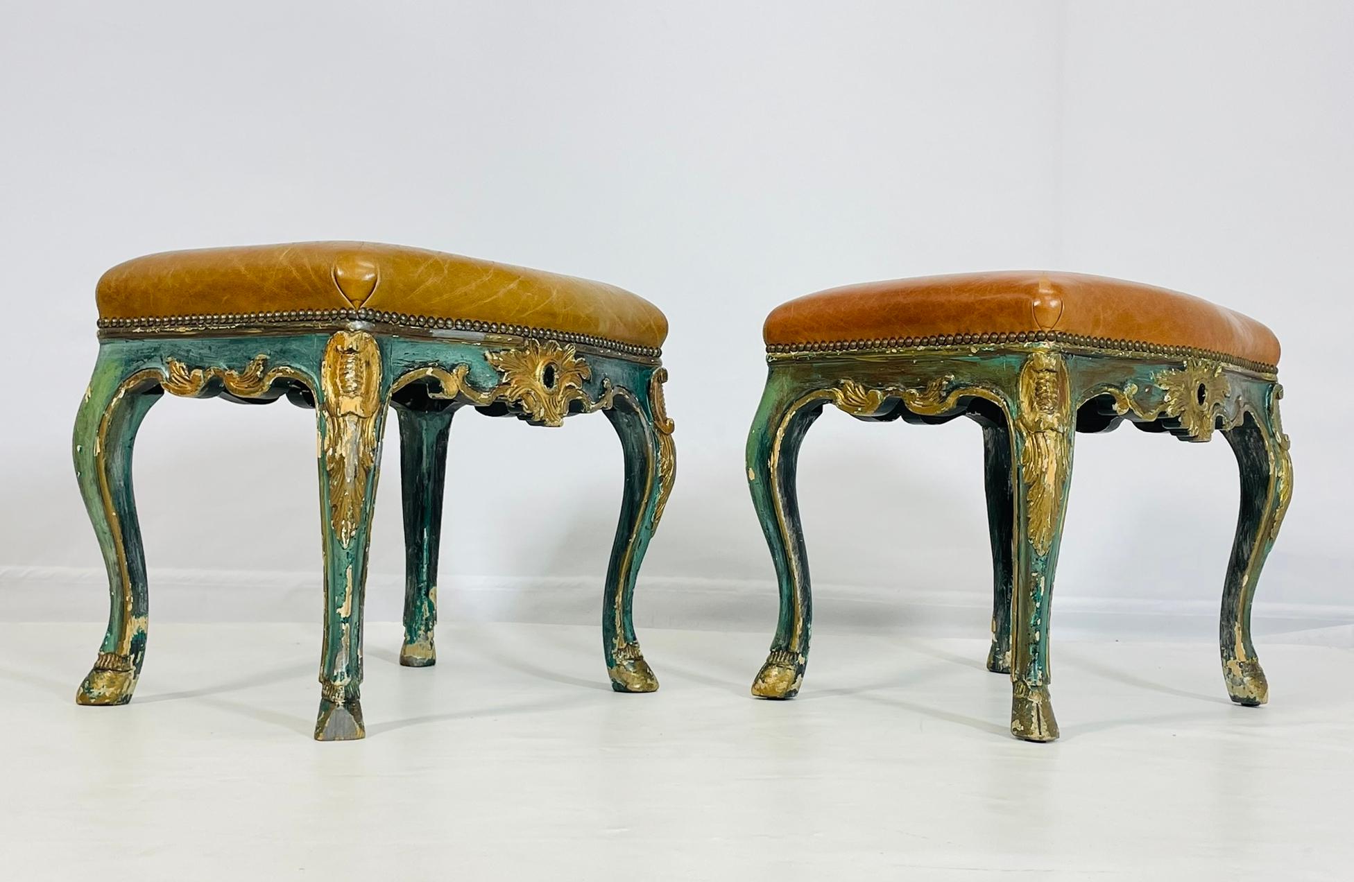 Pair of Antique Benches With leather Upholstery & Giltwood Frames, France 1900's In Good Condition For Sale In Los Angeles, CA