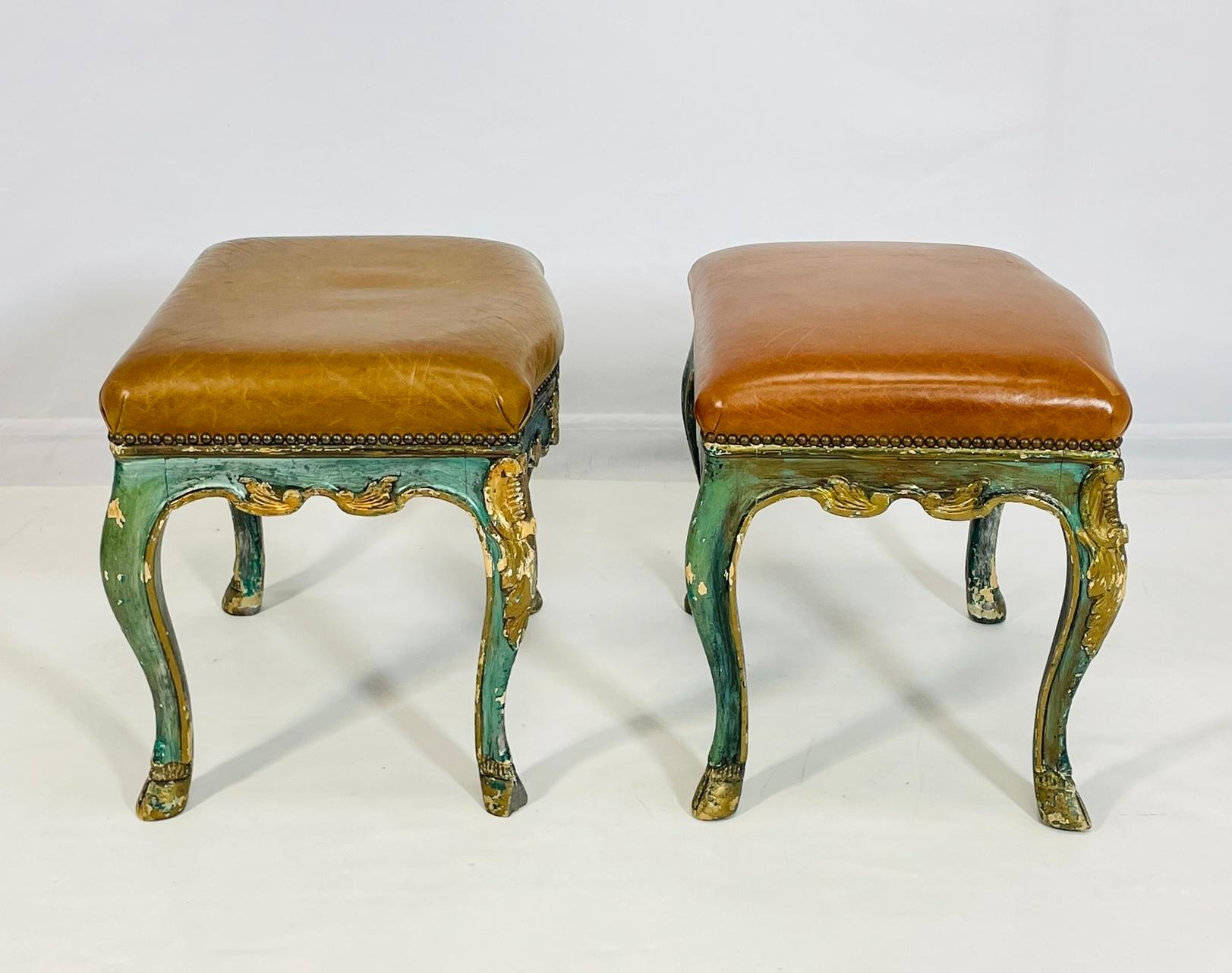 20th Century Pair of Antique Benches With leather Upholstery & Giltwood Frames, France 1900's For Sale