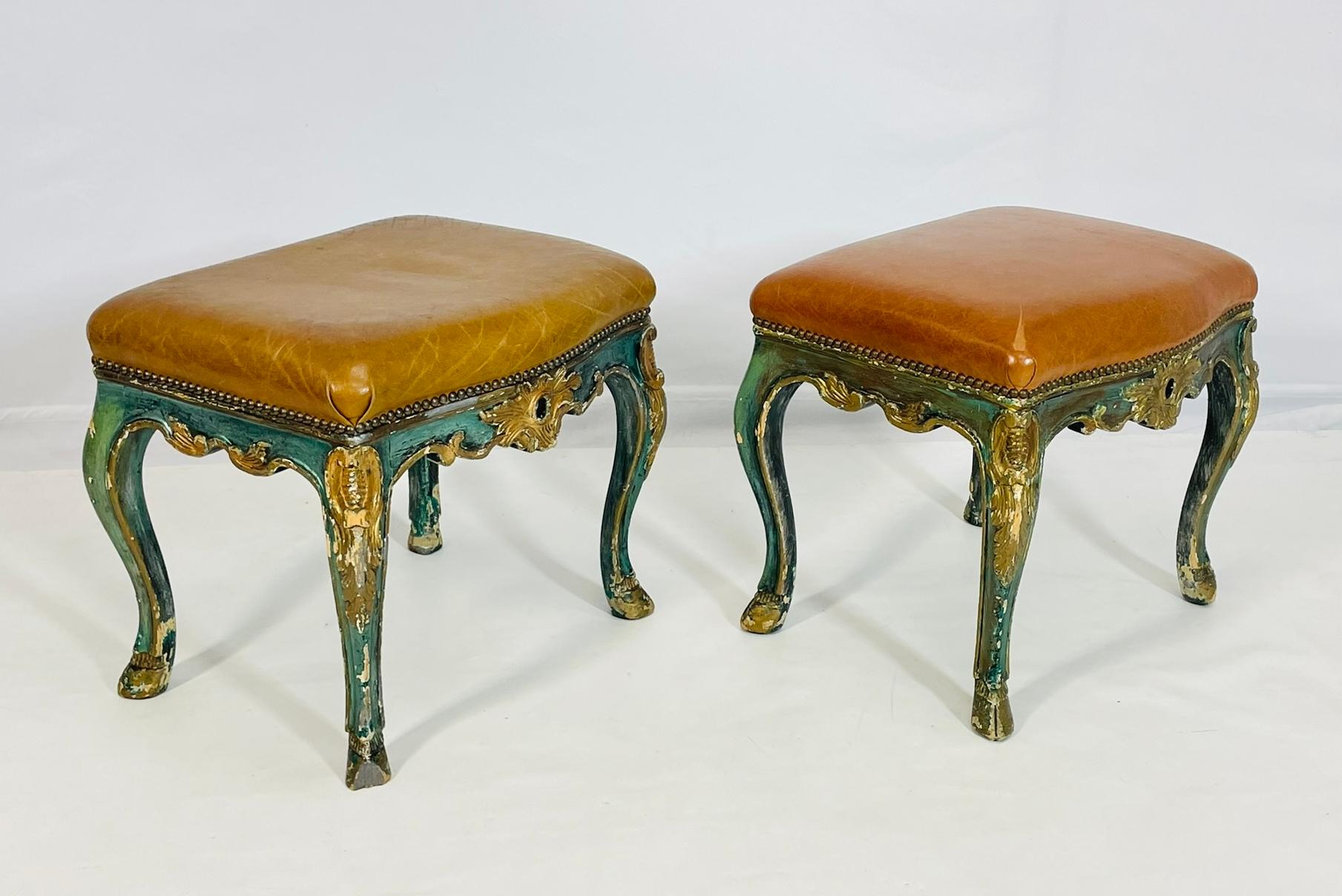 Leather Pair of Antique Benches With leather Upholstery & Giltwood Frames, France 1900's For Sale