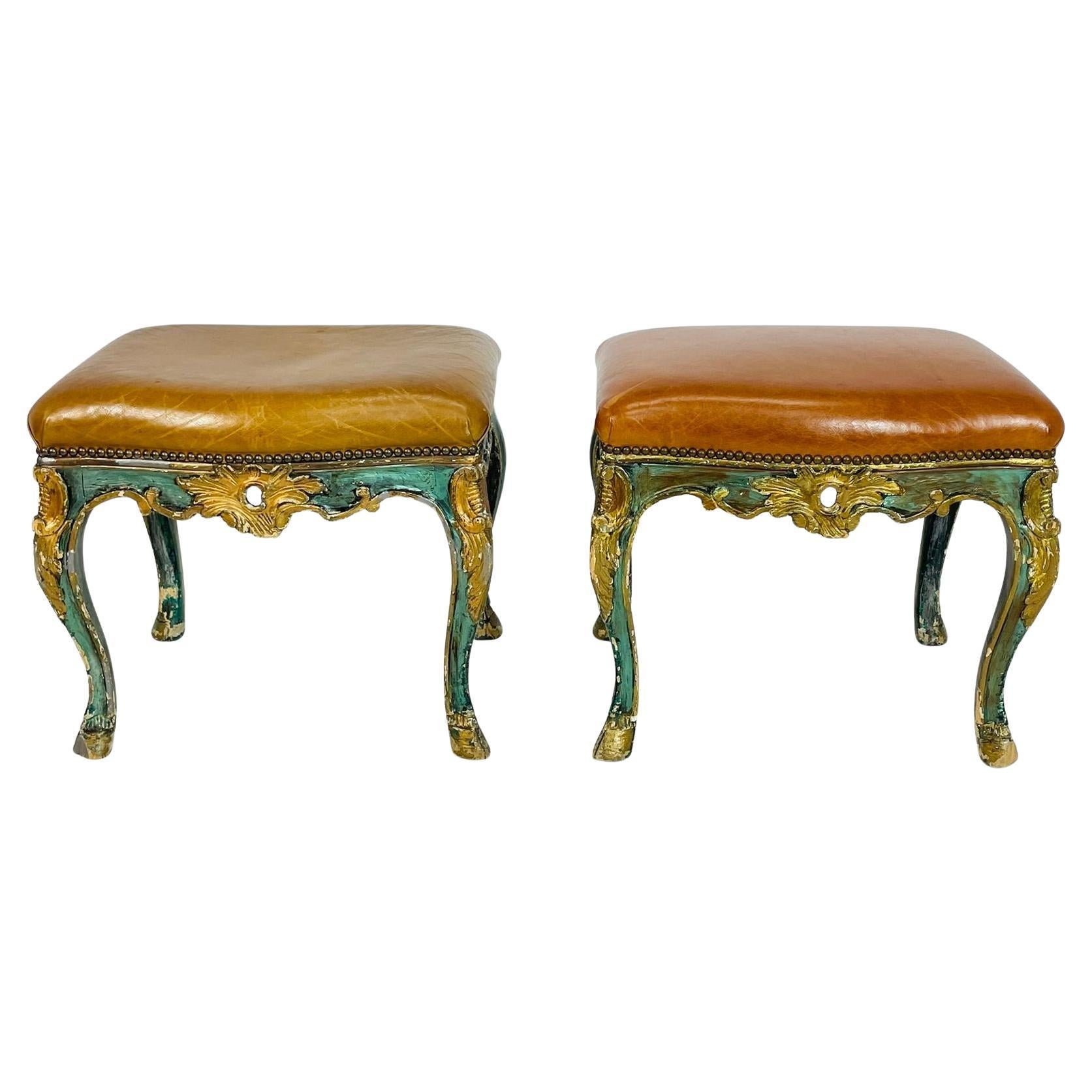 Pair of Antique Benches With leather Upholstery & Giltwood Frames, France 1900's For Sale