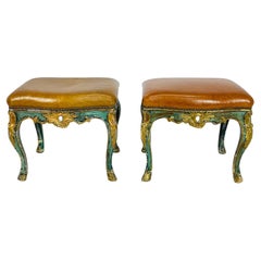 Pair of Antique Benches With leather Upholstery & Giltwood Frames, France 1900's