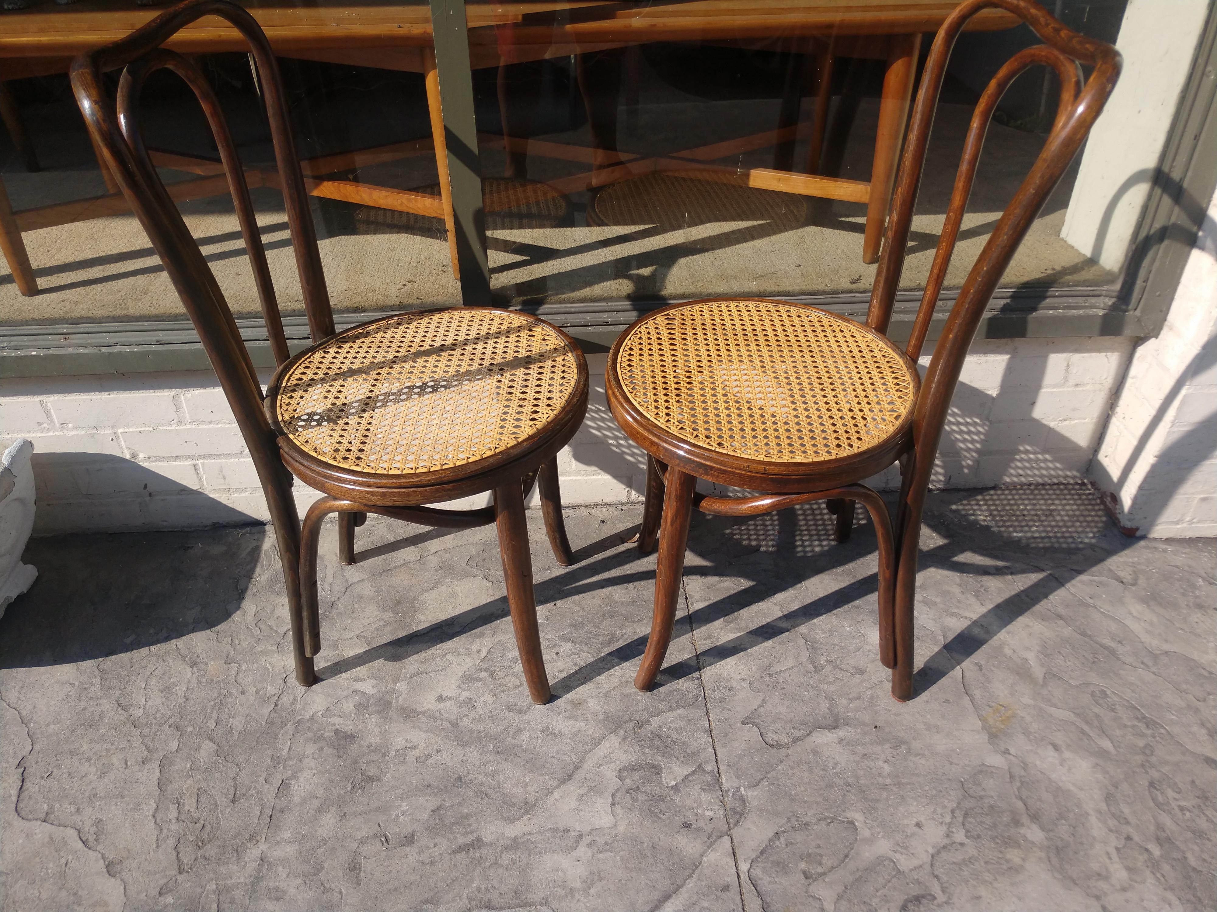 Fabulous pair of Thonet bentwood chairs made in Czechoslovakia c1900. Stained beechwood with hand caned seats which were restored at some point in excellent vintage condition with minimal wear. Sold and priced as a pair. Seat hgt is 18.25.