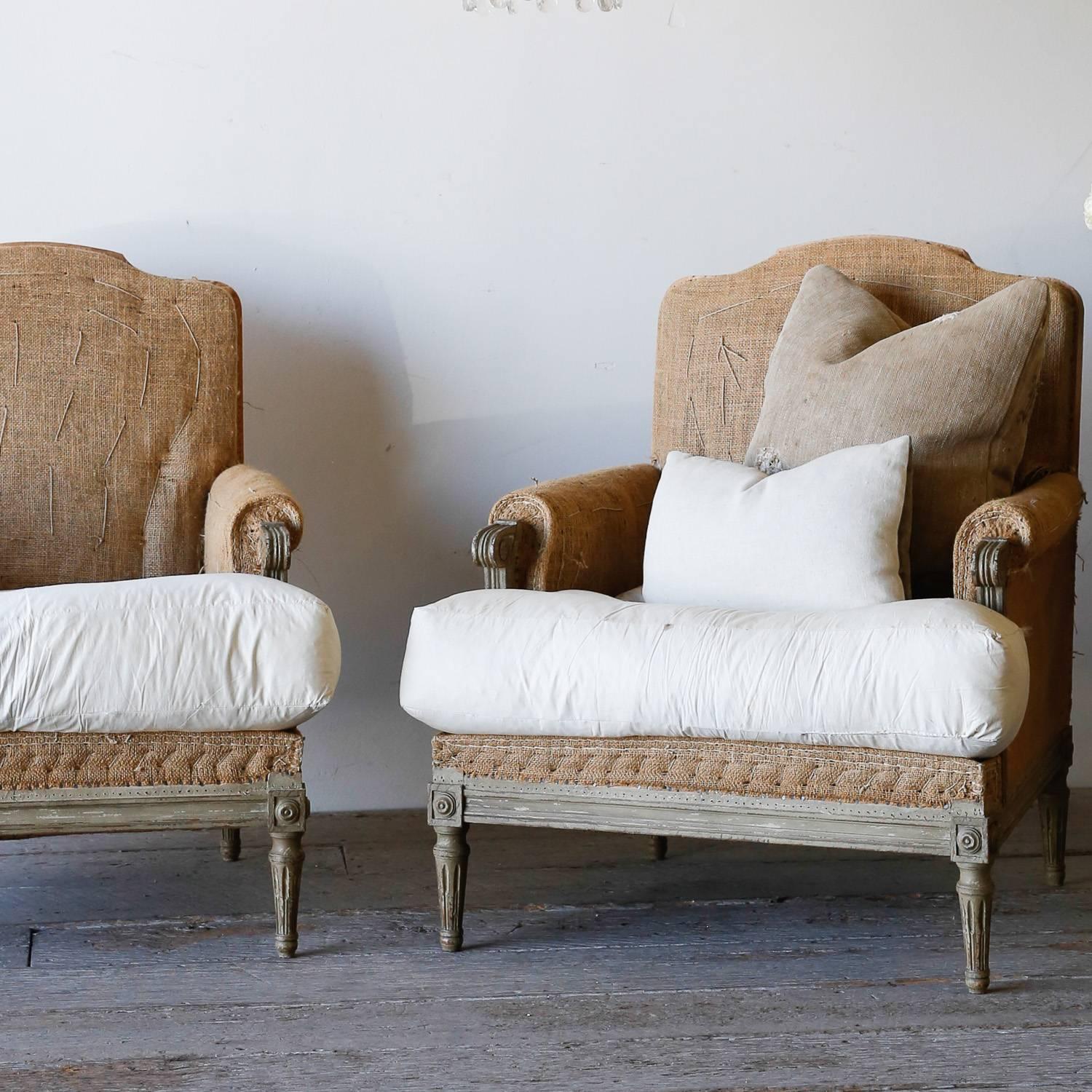20th Century Pair of Antique Bergeres with Feather Cushions For Sale