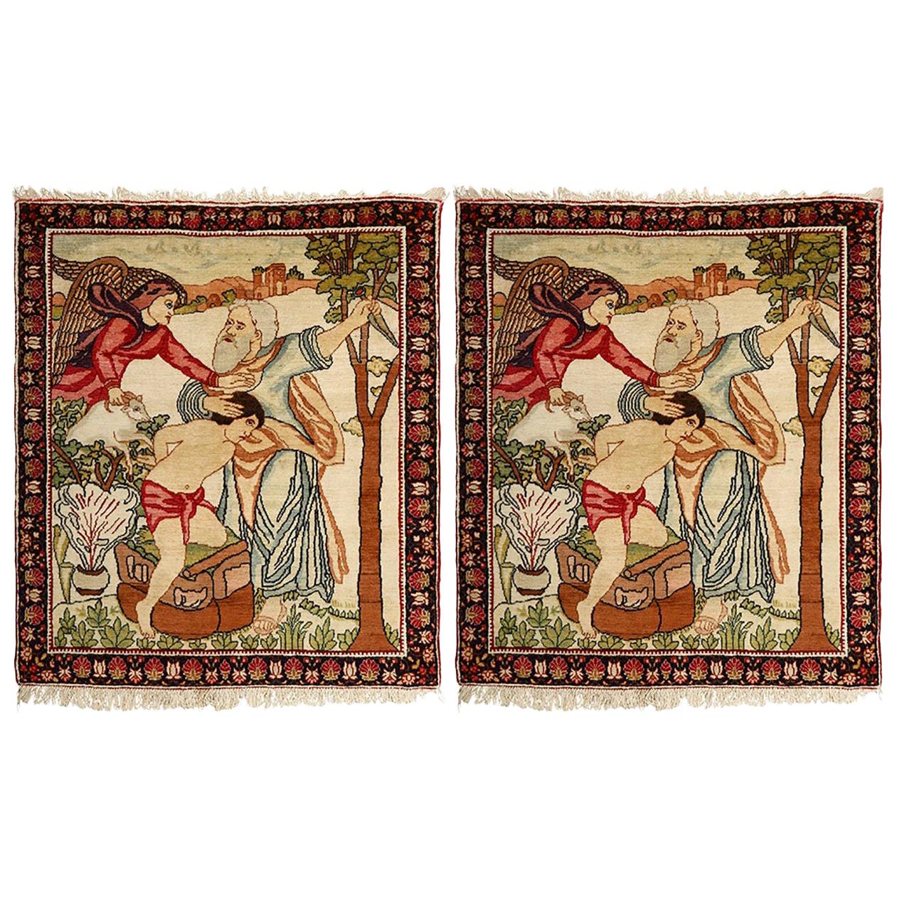 Nazmiyal Pair of Antique Biblical Kerman Persian Pictorial Rug.2 ft. 6 in x 3 ft