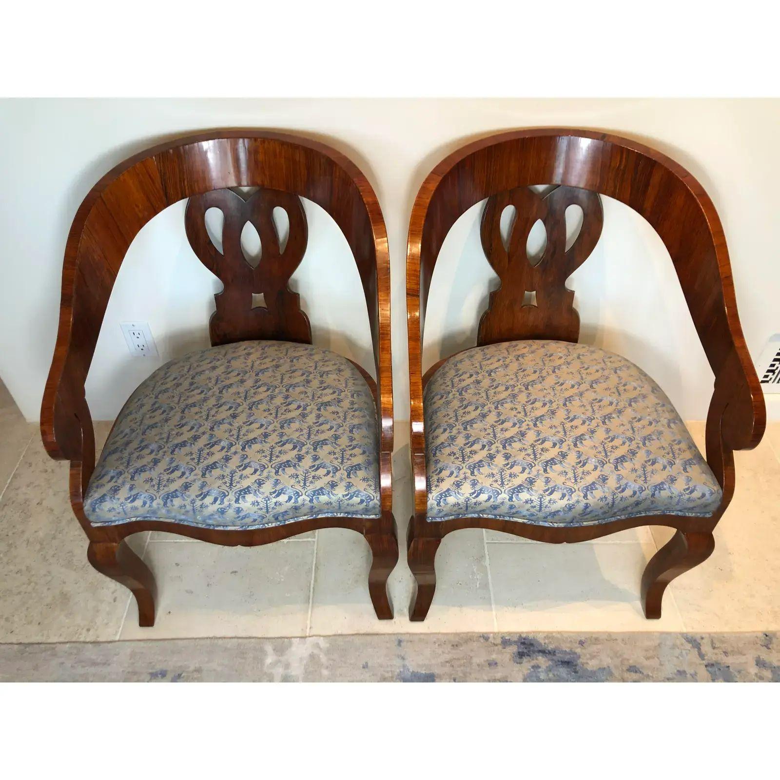 Pair of Antique Biedermeier Mahogany Barrel Chairs with Fortuny Seats In Good Condition In LOS ANGELES, CA