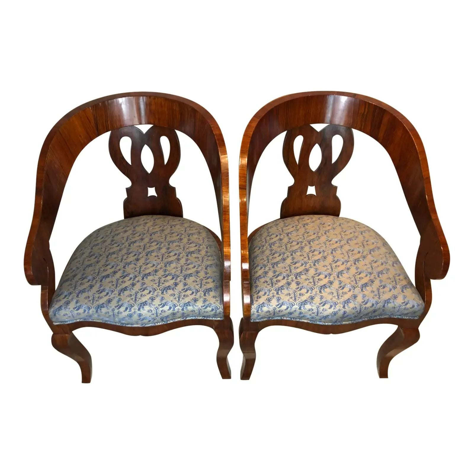Pair of Antique Biedermeier Mahogany Barrel Chairs with Fortuny Seats