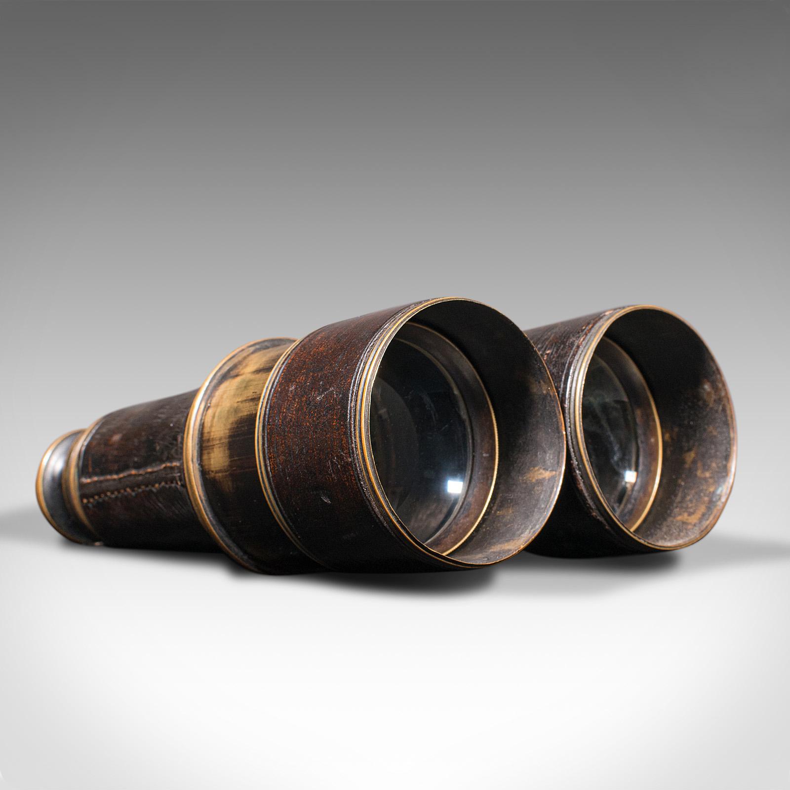 British Pair of Antique Binoculars, English, Brass, Leather, Optical Instrument, c.1920