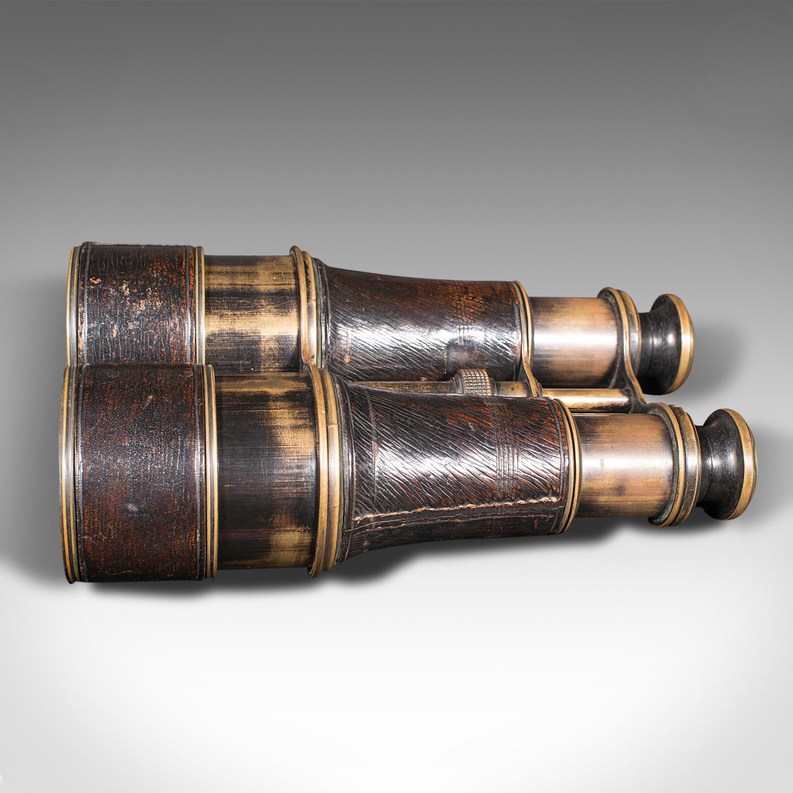 20th Century Pair of Antique Binoculars, English, Brass, Leather, Optical Instrument, c.1920